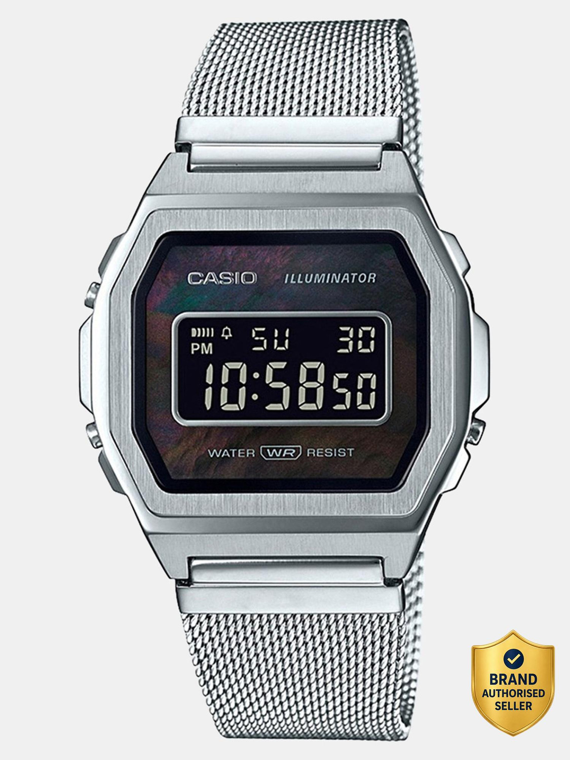 CASIO A1000M-1BEF Vintage Black Dial Silver Stainless Steel Mesh Band Digital Watch  - For Men & Women