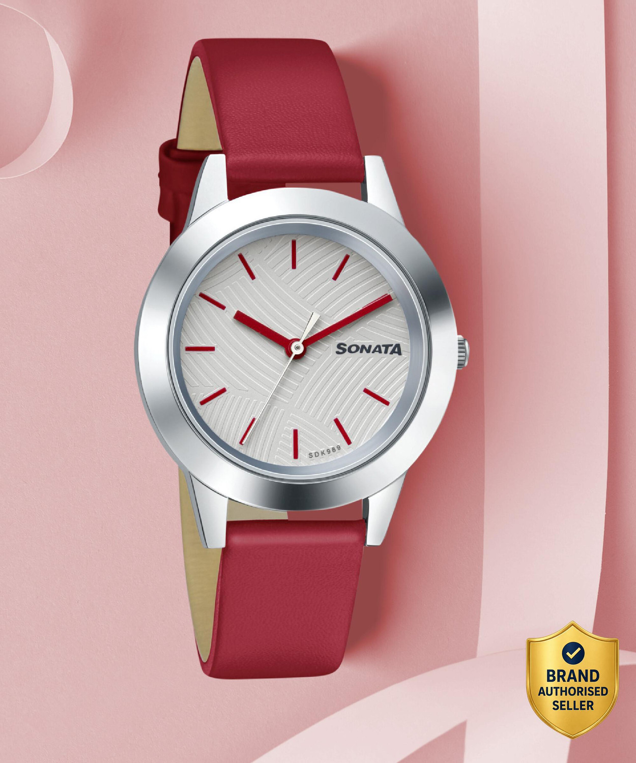 Image of SONATA NP87019SL12 Sonata Splash White Dial Red Leather Strap Analog Watch - For Women
