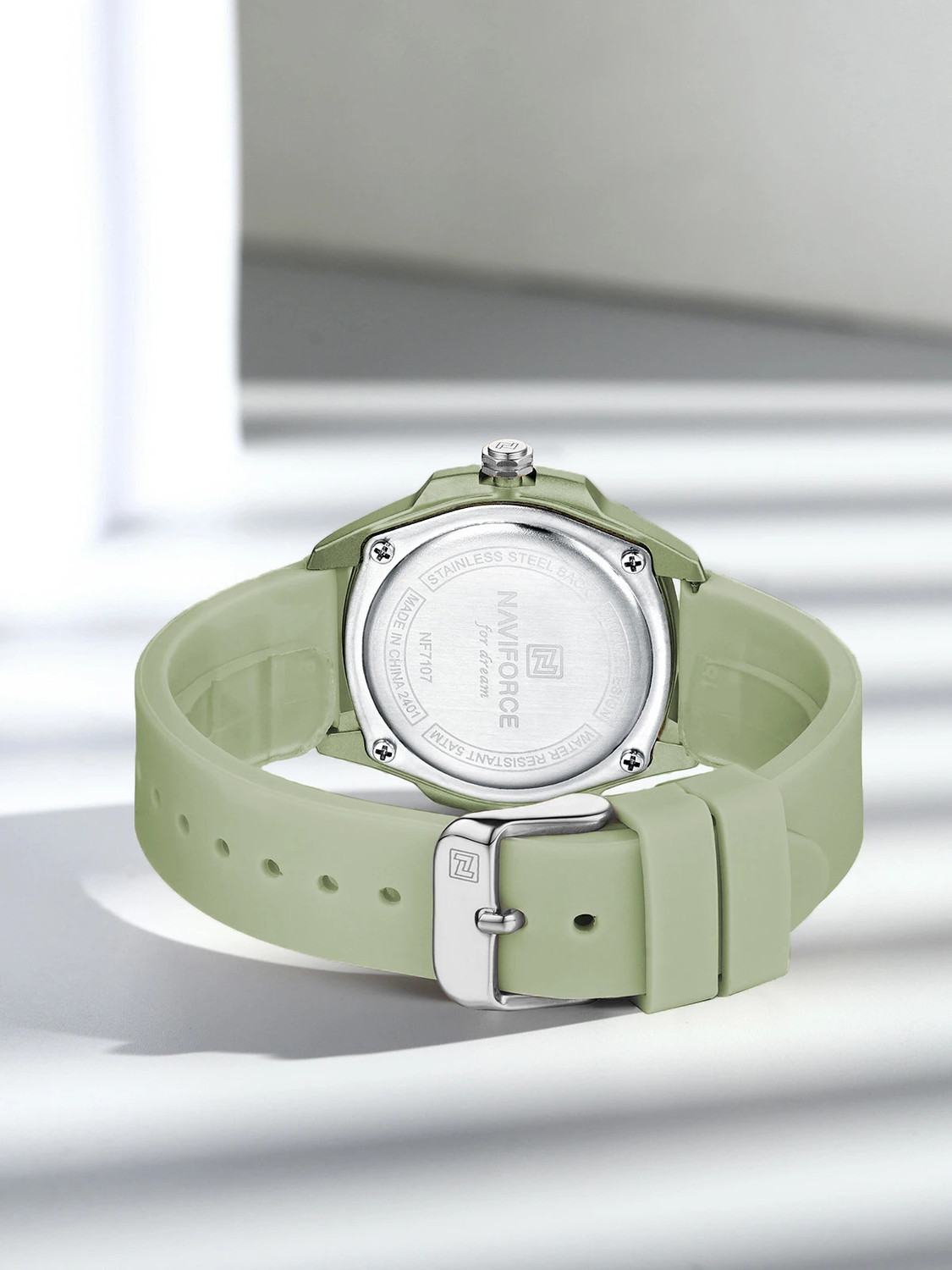 Image of NAVIFORCE NF7107 Green Super soft silicone strap sunburst pattern dial with luminous hand Analog Watch - For Women