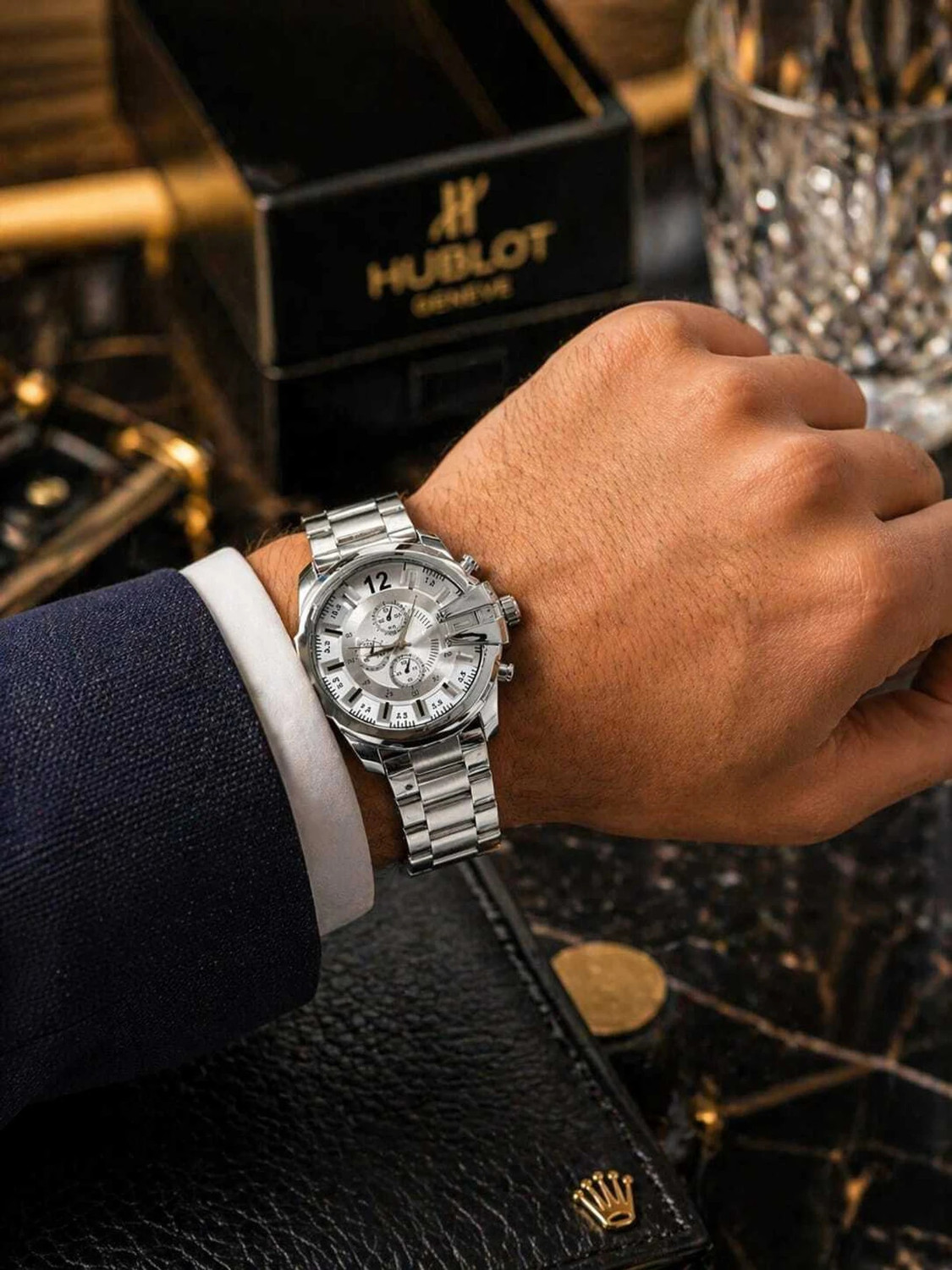 Image of QUANTEX GLOWME Men's Silver Stainless Steel Analog Watch Analog Watch - For Men with White Dial and Chronograph Design