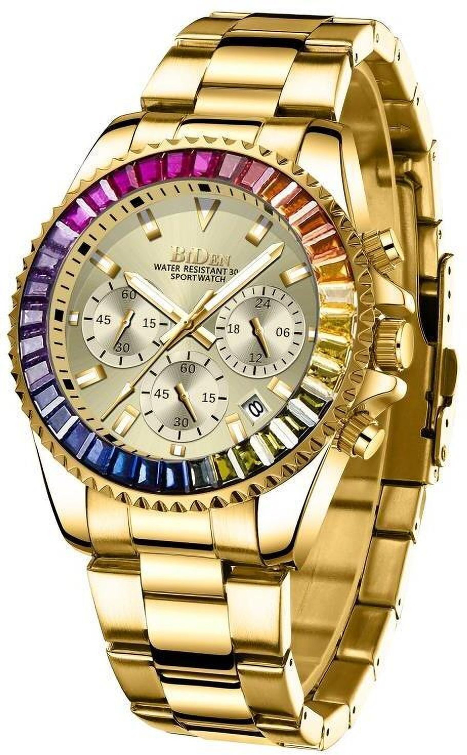 Image of BIDEN Mens Watch Chronograph Luxury Golden wrist Watch Rainbow Case Analog Watch - For Men