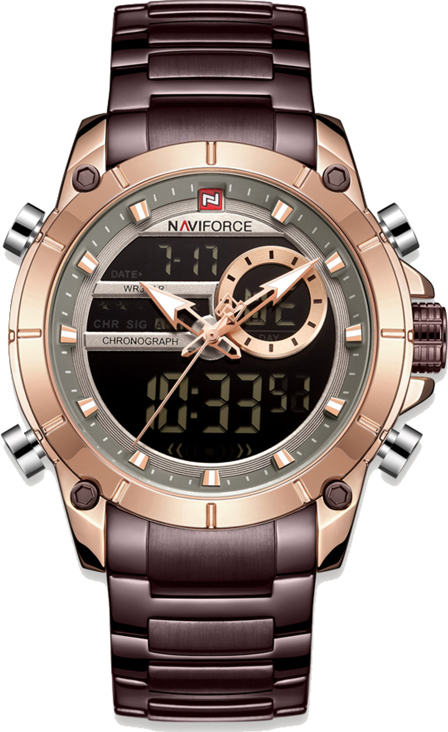 Image of NAVIFORCE 9163 brown violet digital and analog supper class multifunctional long lasting color Analog-Digital Watch - For Men