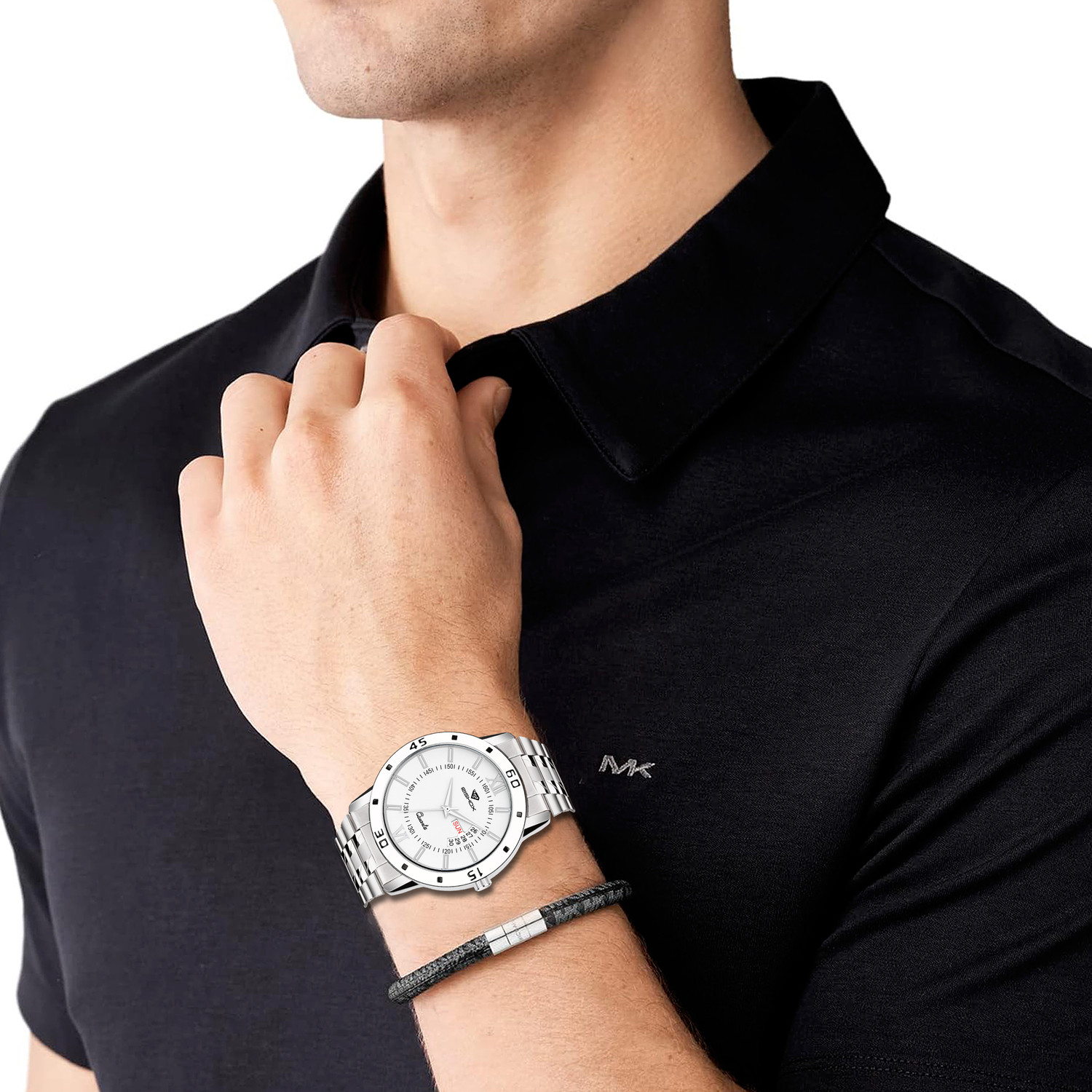 Image of Rishox Men White Day & Date Stainless Steel Classy look premium quality wrist Analog Watch - For Men RX-10010