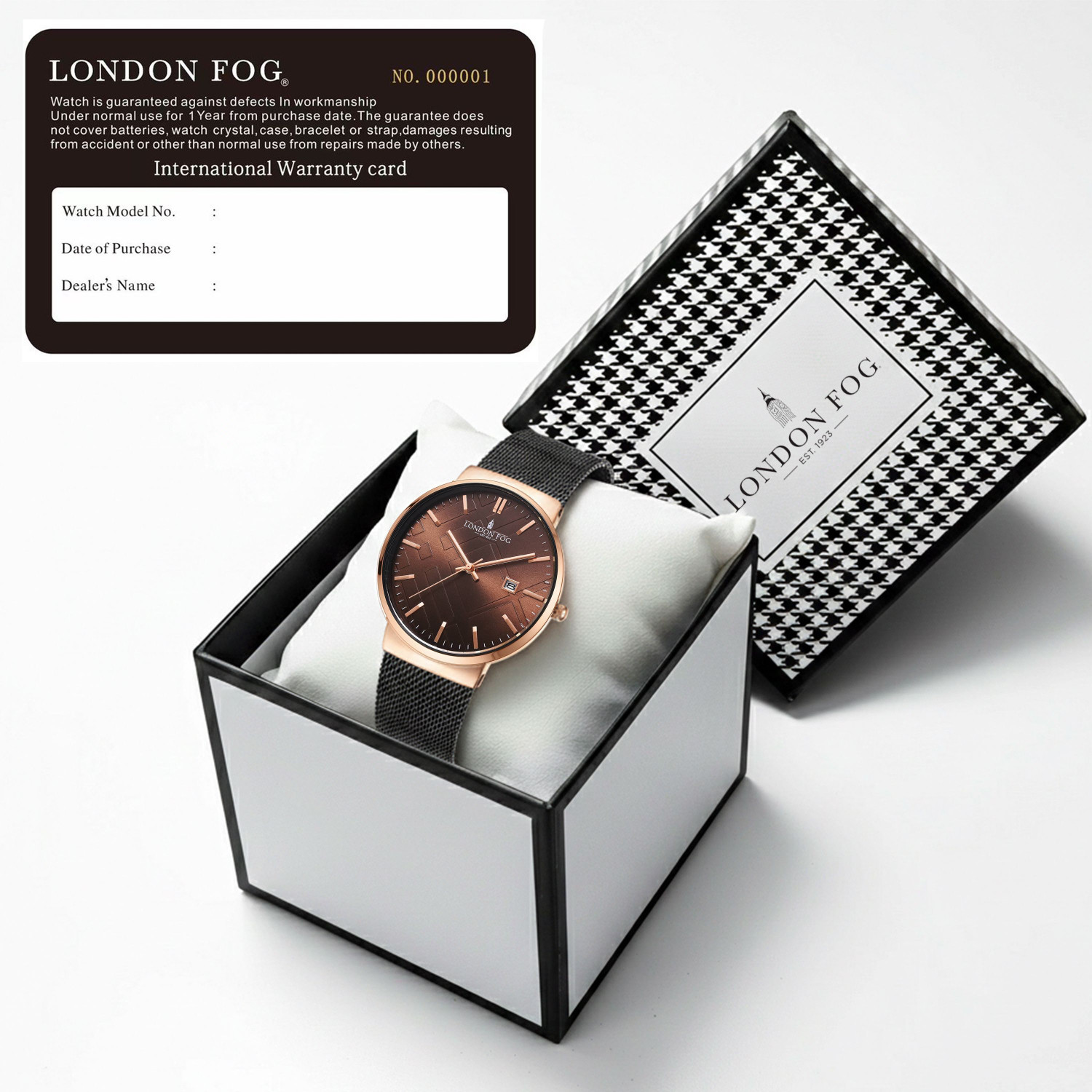 Image of London Fog Brown Textured Dial and Black Mesh Strap, Round Metal Case, Date Display Surrey Collection Brown Textured Dial Black Mesh Strap Round Metal Case Date Analog Watch - For Men