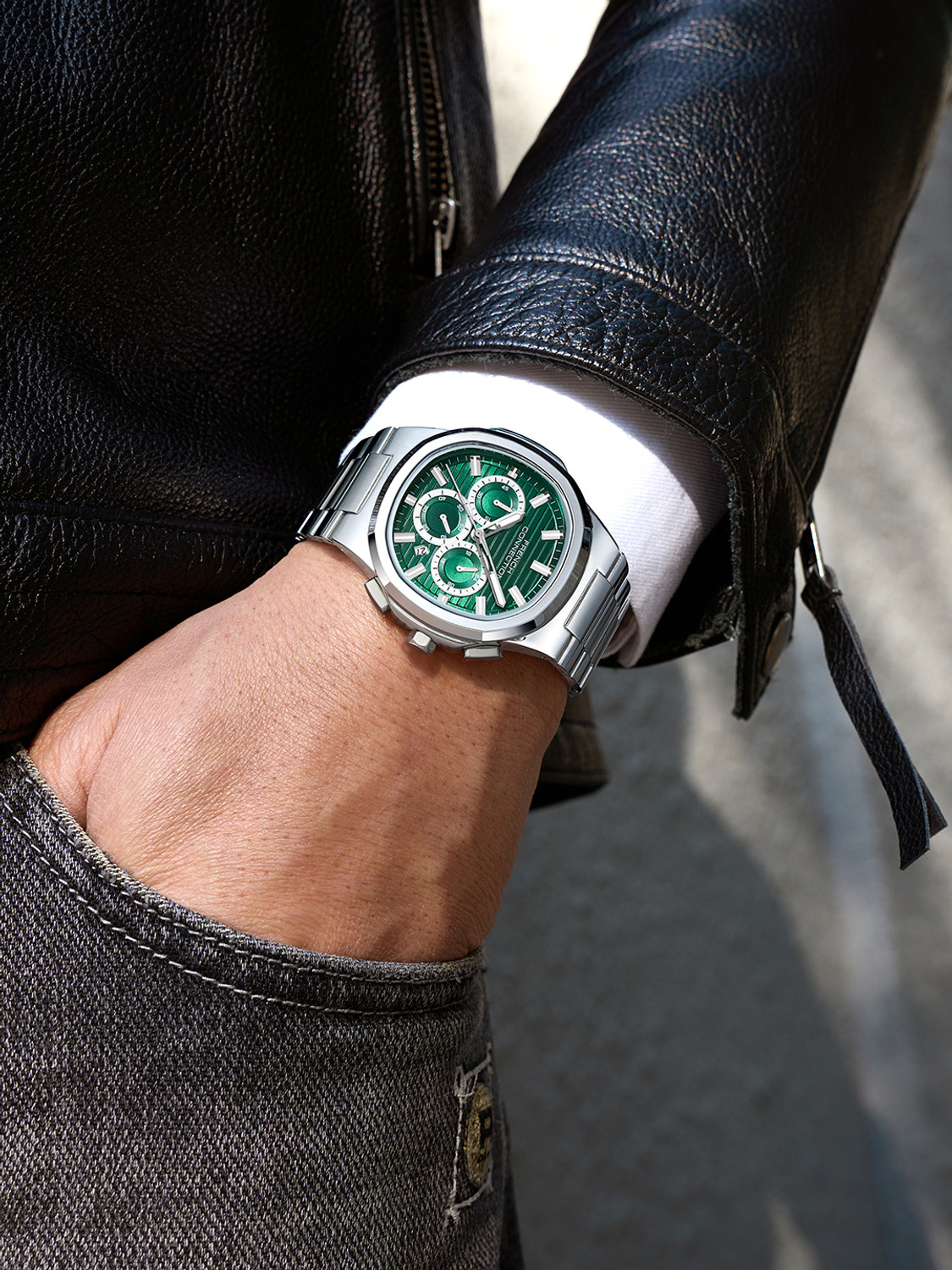Image of French Connection Green Sunray Octagonal Dial | Silver Stainless Steel Chronograph Watch for Men Analog Watch - For Men