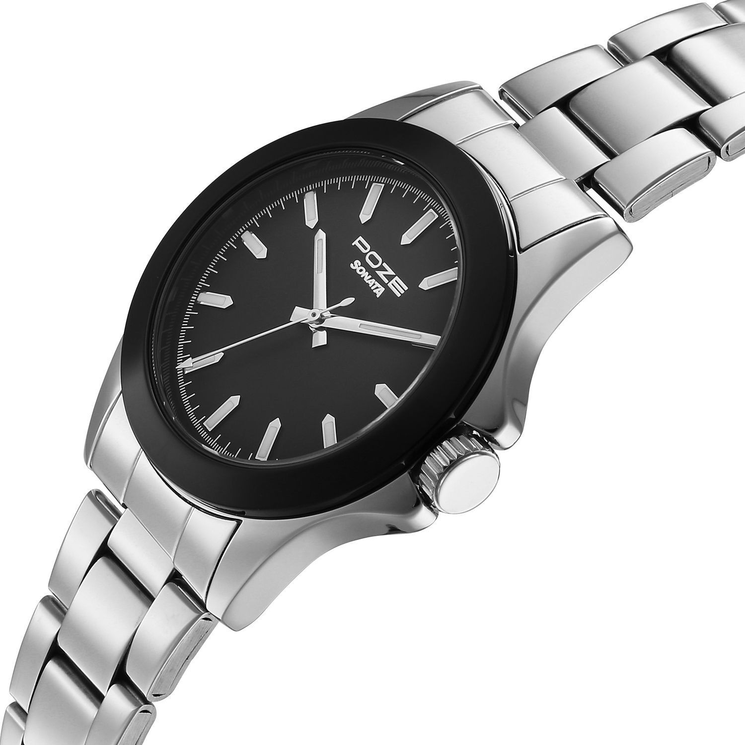 Image of SONATA POZE DROP 8 Sonata Poze 8 Quartz Black Dial IPS Stainless Steel Cut folded Strap Analog Watch - For Men