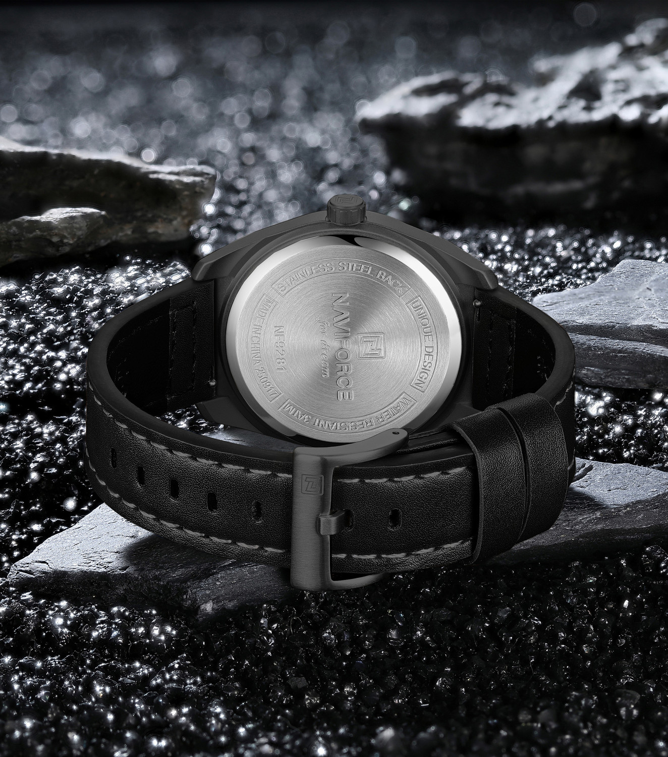 Image of NAVIFORCE Black-Yellow Case With Black Leather strap Analog Watch - For Men