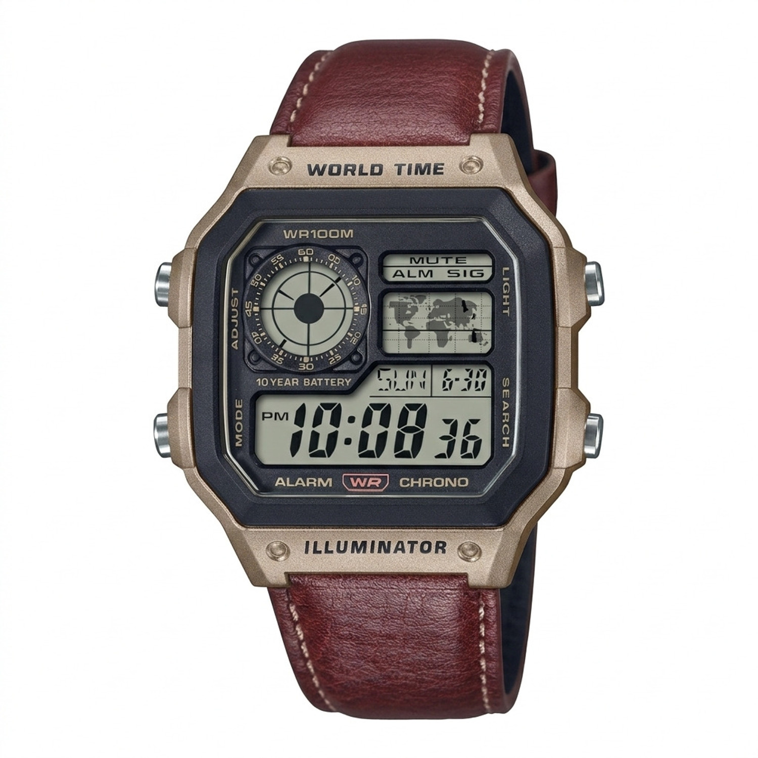 Image of ThetimeTravels New world brown lether New world map brown lether Digital Watch - For Men