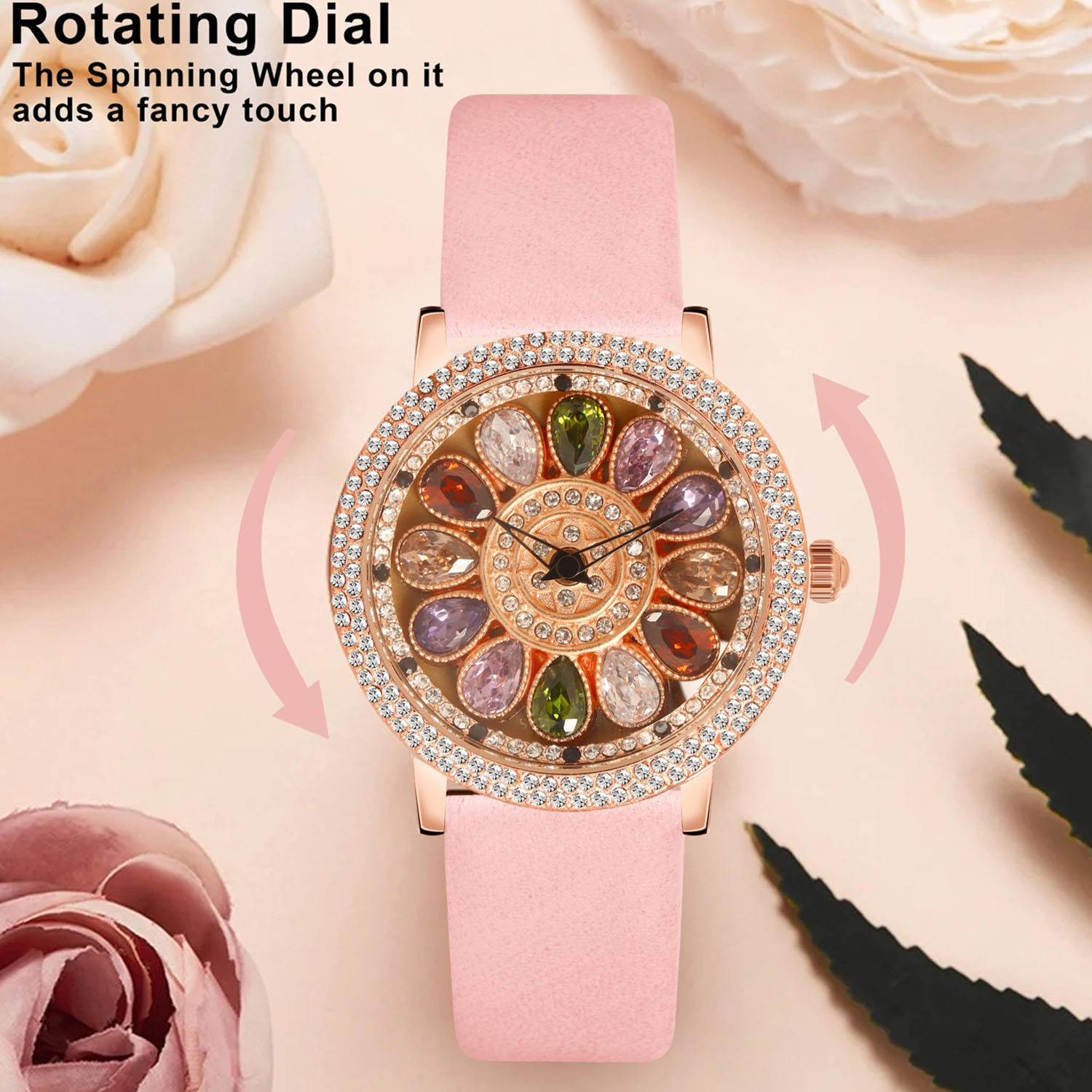 Image of IIK Collection Flora Watch for Women Multicolor Diamond Rotating Dial with GenuineLeather Strap Analog Watch - For Women IIK-3228W