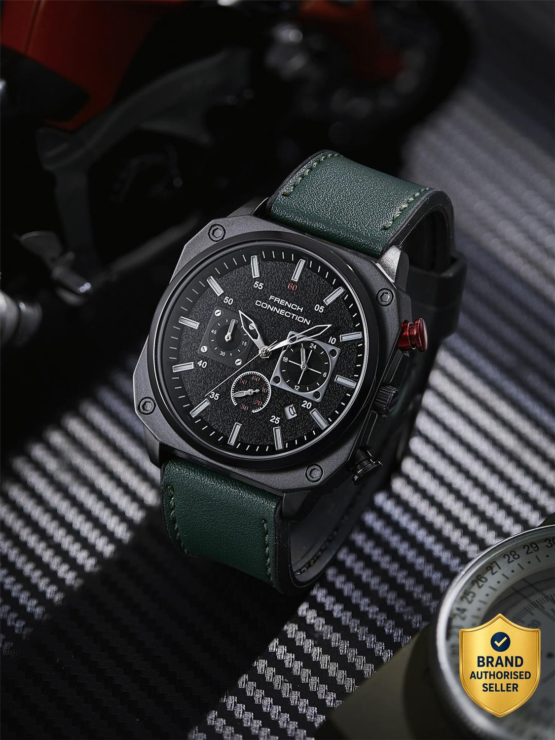 Image of French Connection Black Pattern Contemporary Dial | Green Silicone Chronograph Watch for Men Analog Watch - For Men