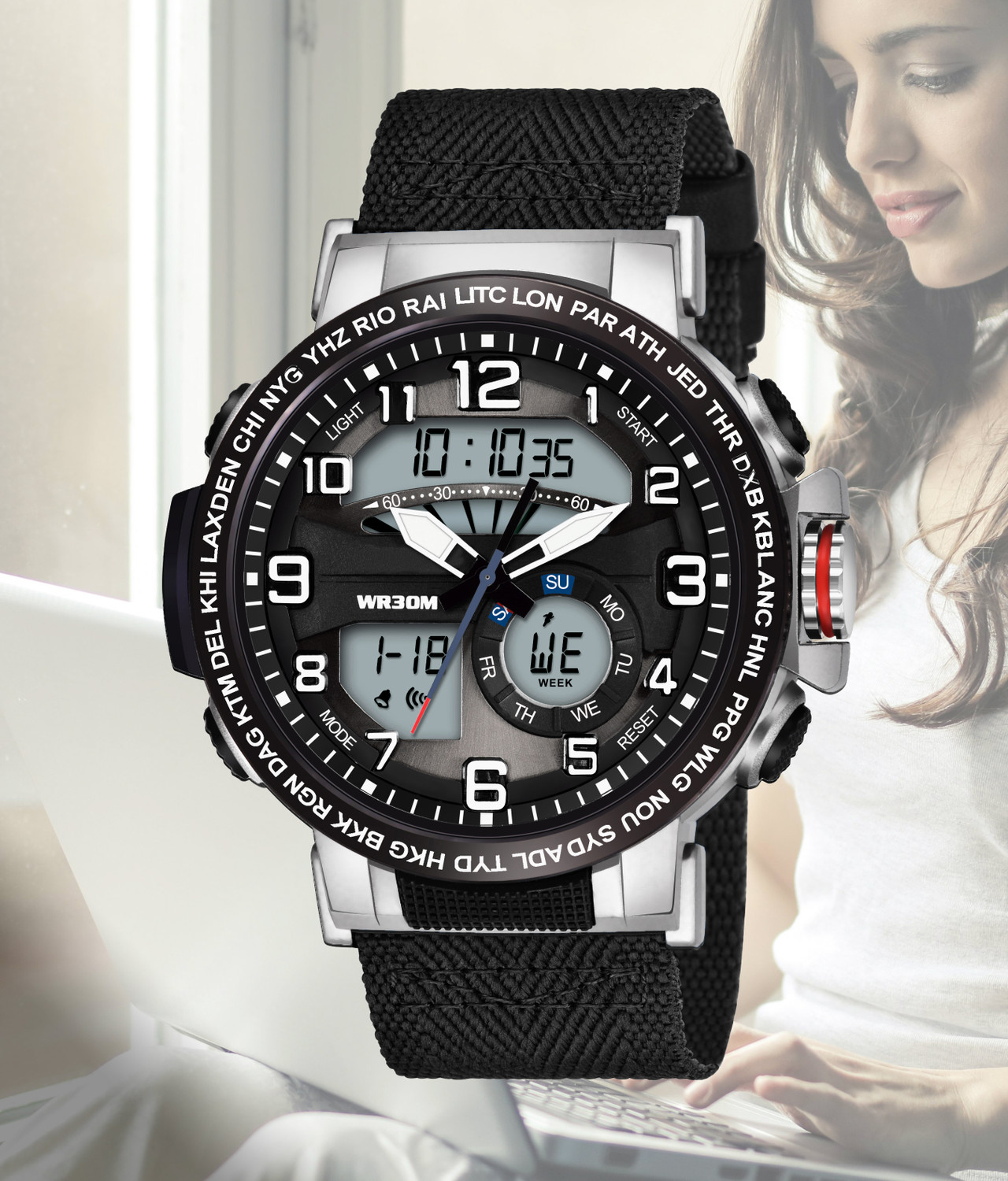 Image of Harbor 1001 Black Multi-Function Men's Sports Watch Alarm, Hourly Chime, Water Resistance Analog-Digital Watch - For Men