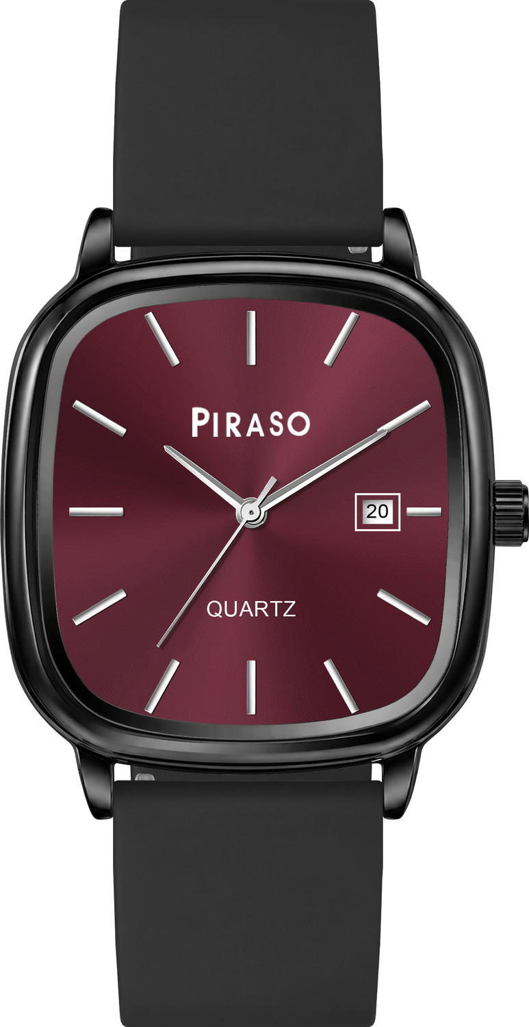 Image of Piraso Square Dial & Stainless Steel Case, Silicone Strap Analog Watch For Men Analog Watch - For Men KCOD 2042 MAROON BLACK