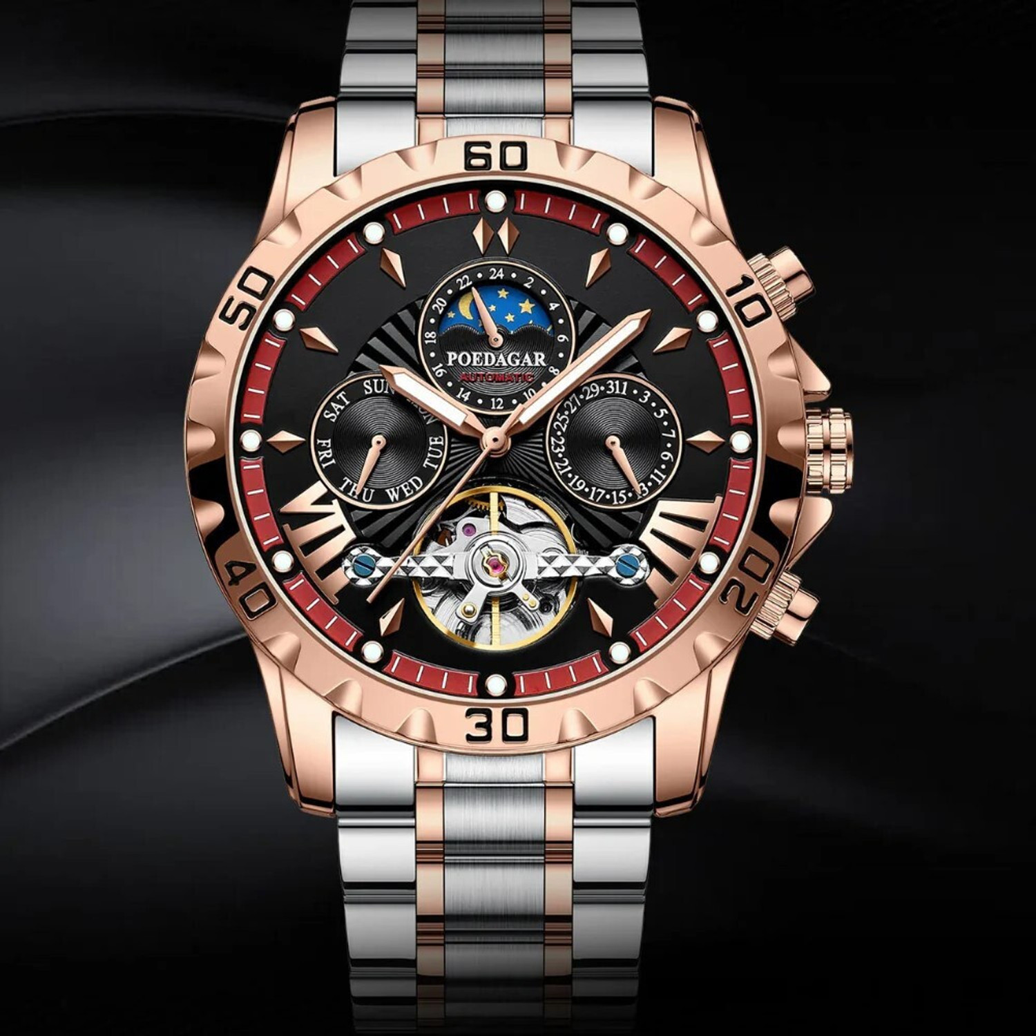 Image of OVERFLY POEDAGAR Mens Watch Automatic Mechanical Skeleton Dial Luxury Golden Wrist Watch Analog Watch - For Men