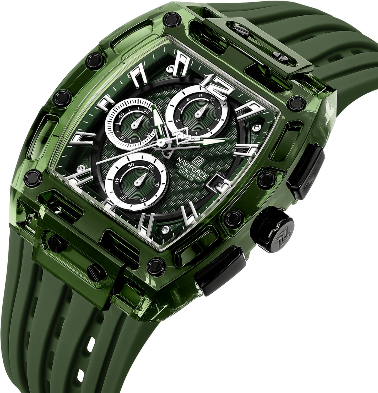 Image of NAVIFORCE NF7105 Distinctive tonneau-shaped case With Green silicone strap Analog Watch - For Men