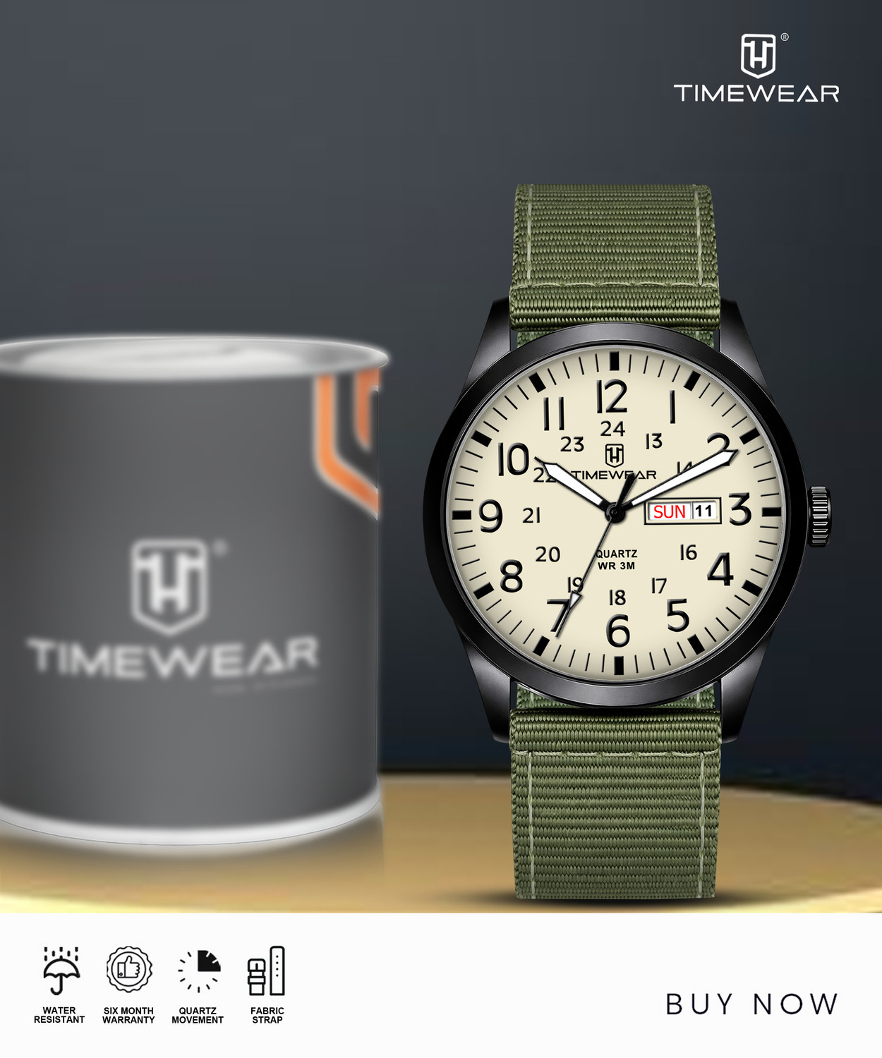 Image of TIMEWEAR 337BGTG TIMEWEAR New Track Number Dial, Day & Date, Green Fabric Strap Analog Watch - For Men