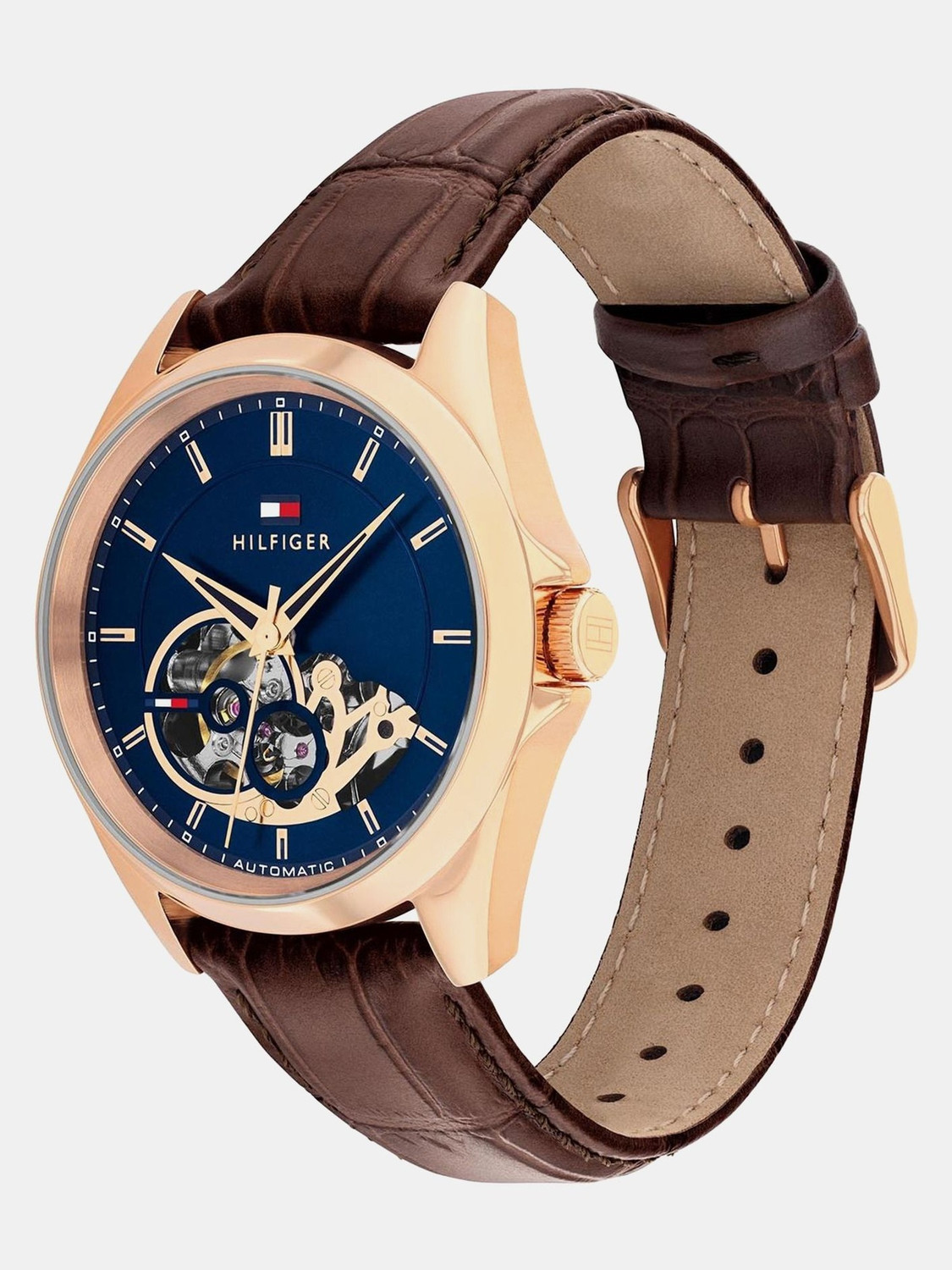 Image of TOMMY HILFIGER Baker Tommy Hilfiger Baker Automatic Blue Dial Brown Leather Strap Analog Watch - For Men