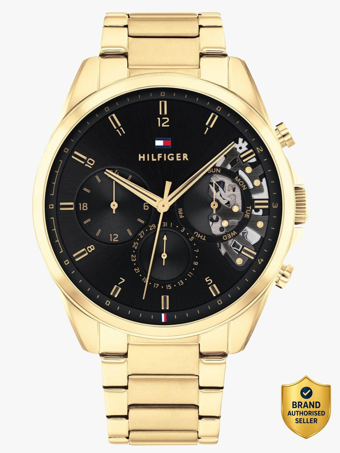 Image of TOMMY HILFIGER NCTH1710447 Tommy Hilfiger Multifunction Black Dial Gold Stainless Steel Strap Analog Watch - For Men