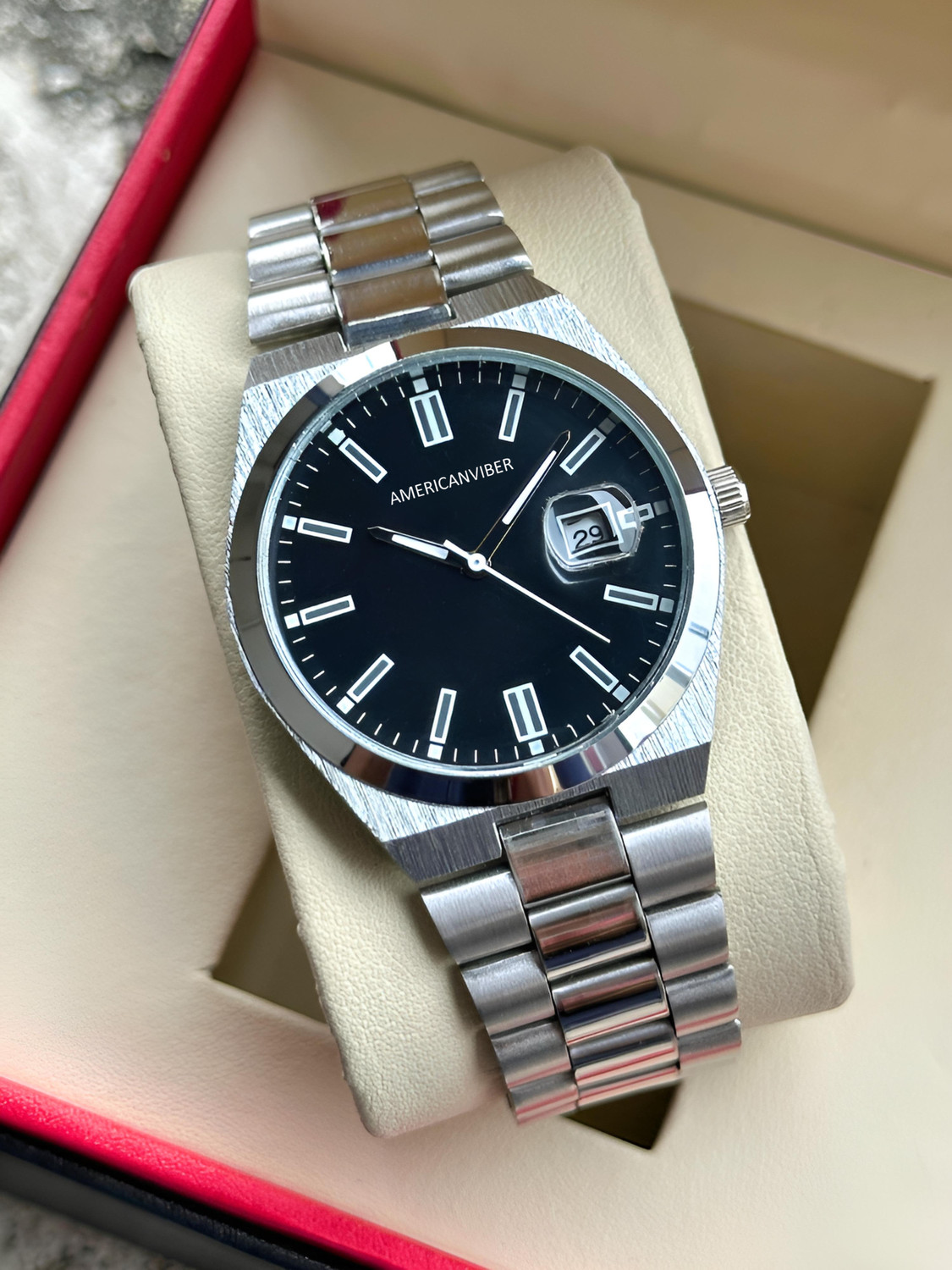 Image of Americanviber AVM0036 Premium Steel Chain Classic Men Watch | 3D Date Window | Adjustable Belt Design Analog Watch - For Men