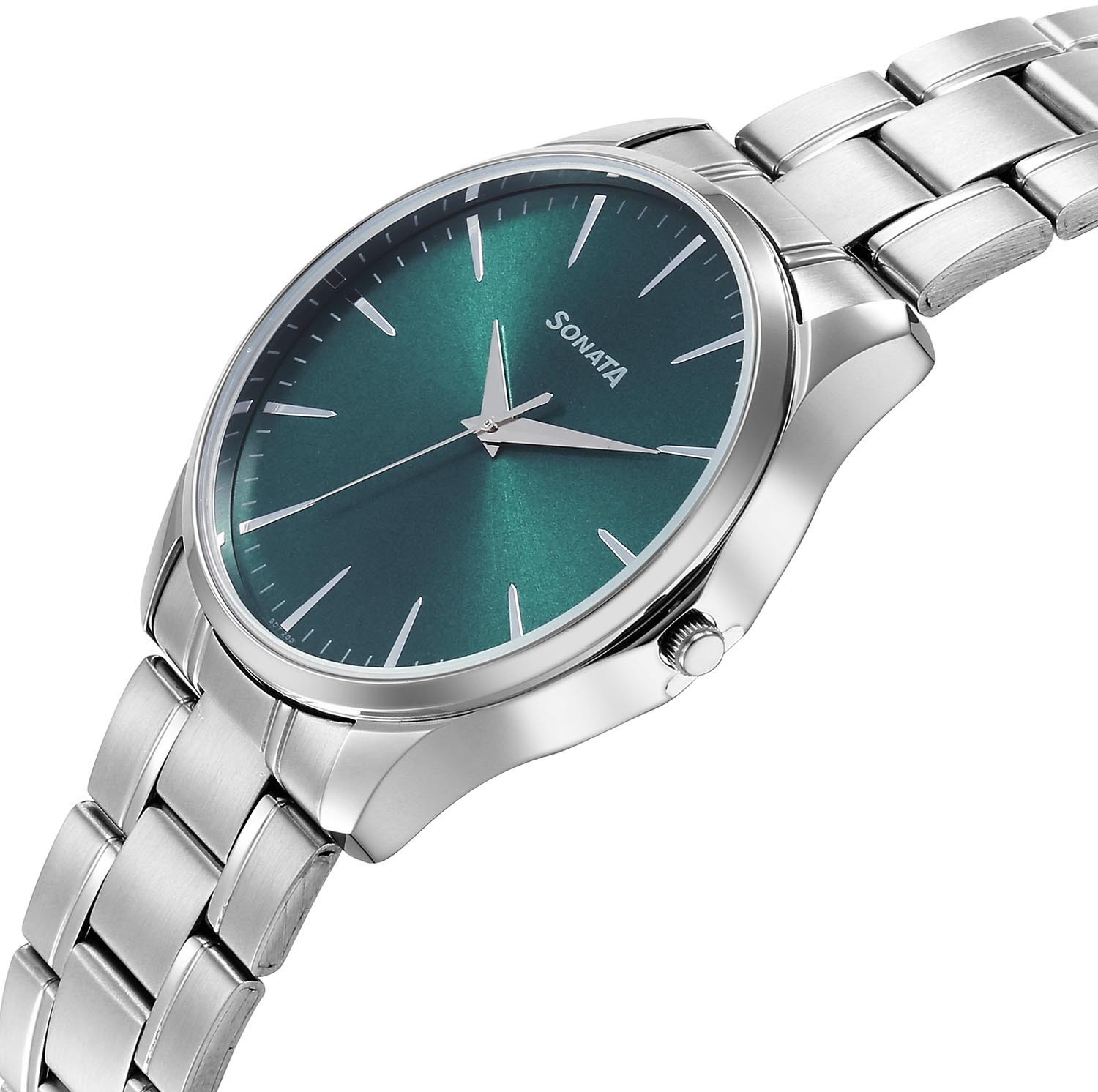 Image of SONATA Sonata Ease Quartz Green Dial Silver Metal Strap Analog Watch - For Men