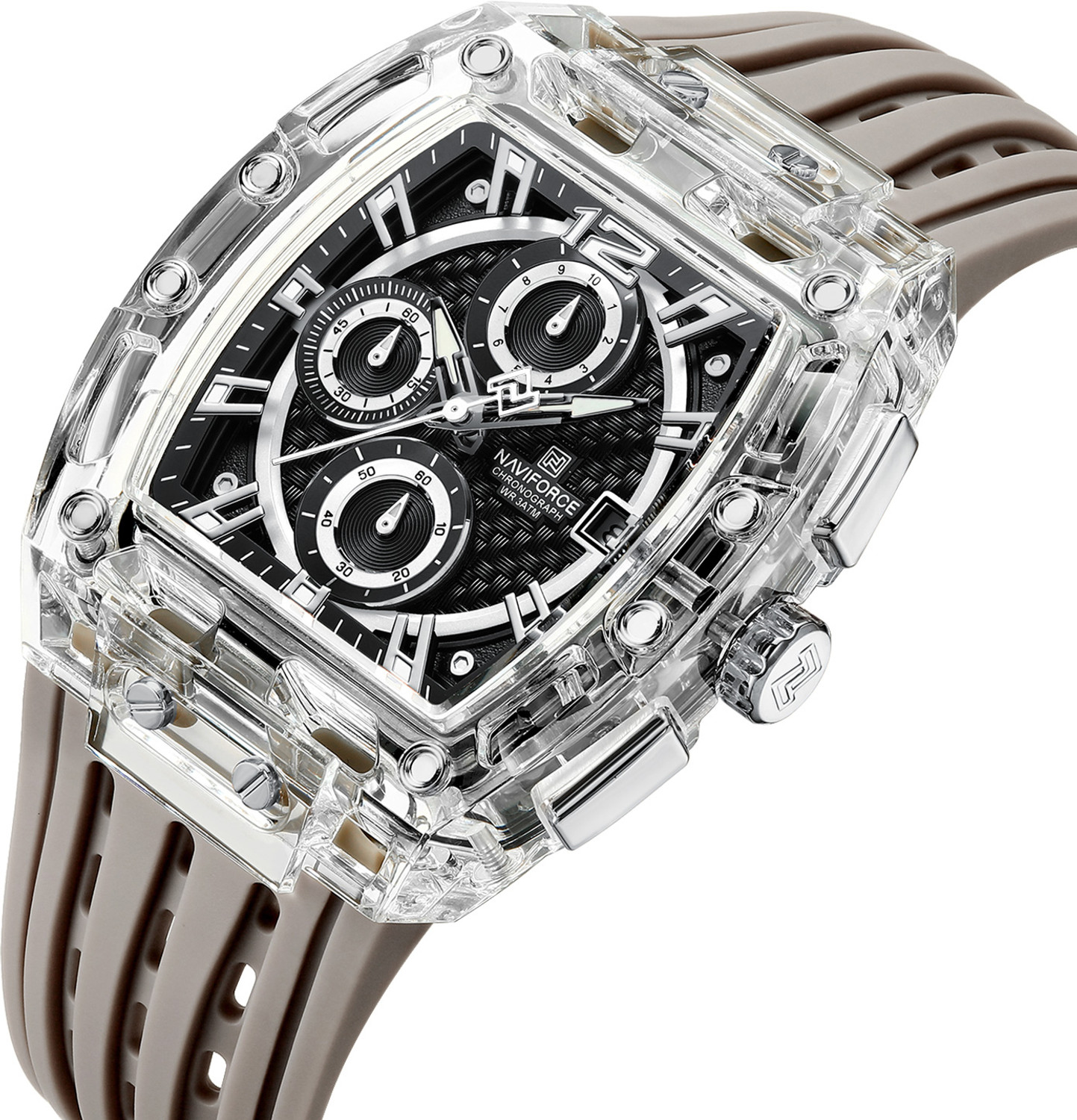 Image of NAVIFORCE NF7105 Distinctive tonneau-shaped case With Grey silicone strap Analog Watch - For Men