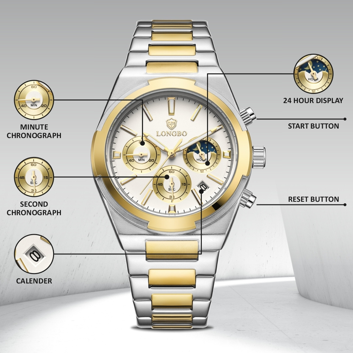 Image of Longbo Elevate 83833 Chronograph Watch with Dual Sub-Dial Layout Elevate 83833 Chronograph Watch with Dual Sub-Dial Layout Analog Watch - For Men