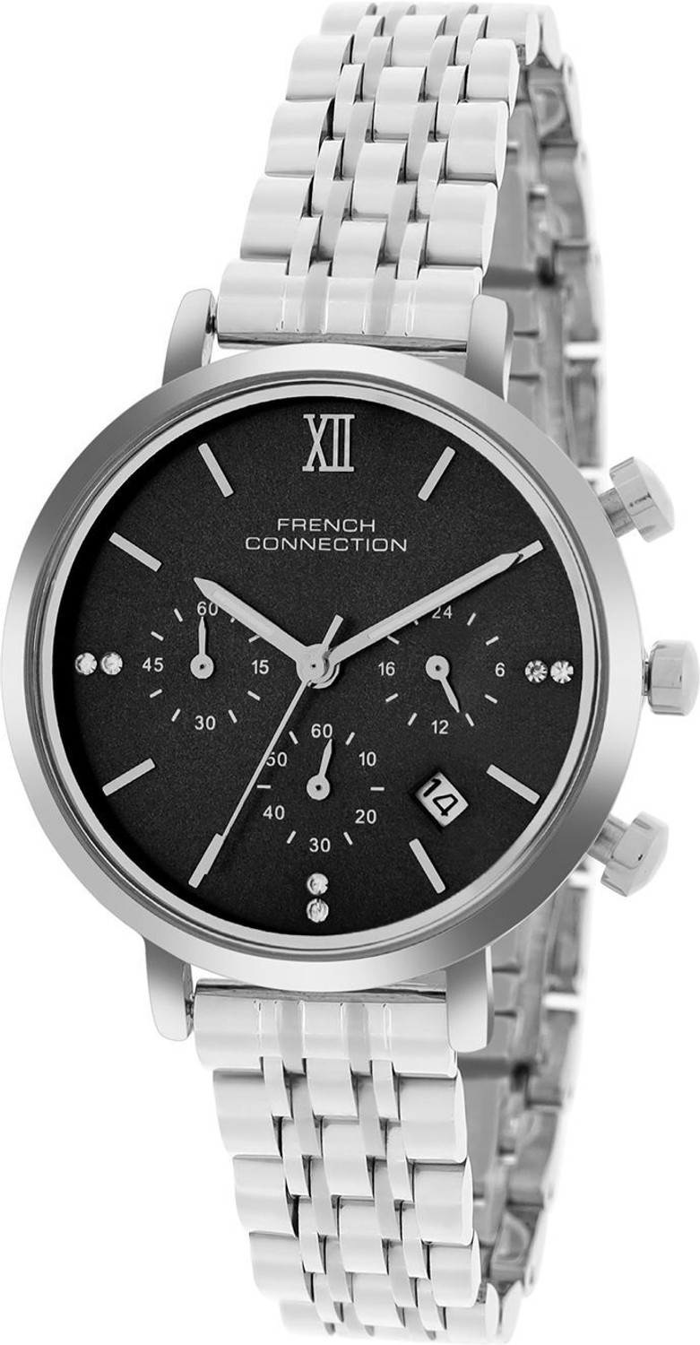 Image of French Connection Luxor LUXOR Dated Black Sunray Round Dial | Women's Silver Chronograph Watch Analog Watch - For Women
