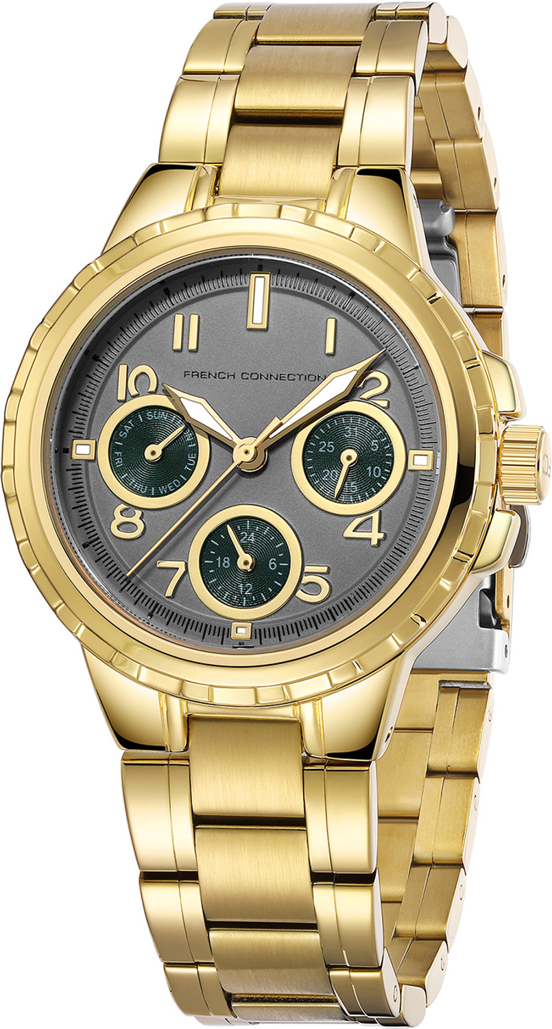 Image of French Connection Men Business Casual Dress Watch Luminous Date Wristwatches Grey Embossed Round Dial | Gold Stainless Steel Chronograph Watch for Women Analog Watch - For Women