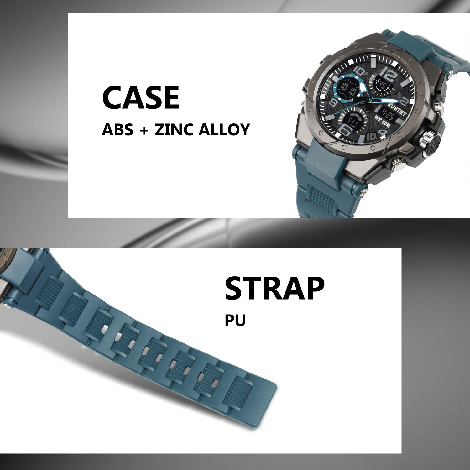 Image of RUSTET 2145 50m Waterproof Dual-Time Multifunction 12H / 24H Format Analog-Digital Watch - For Men