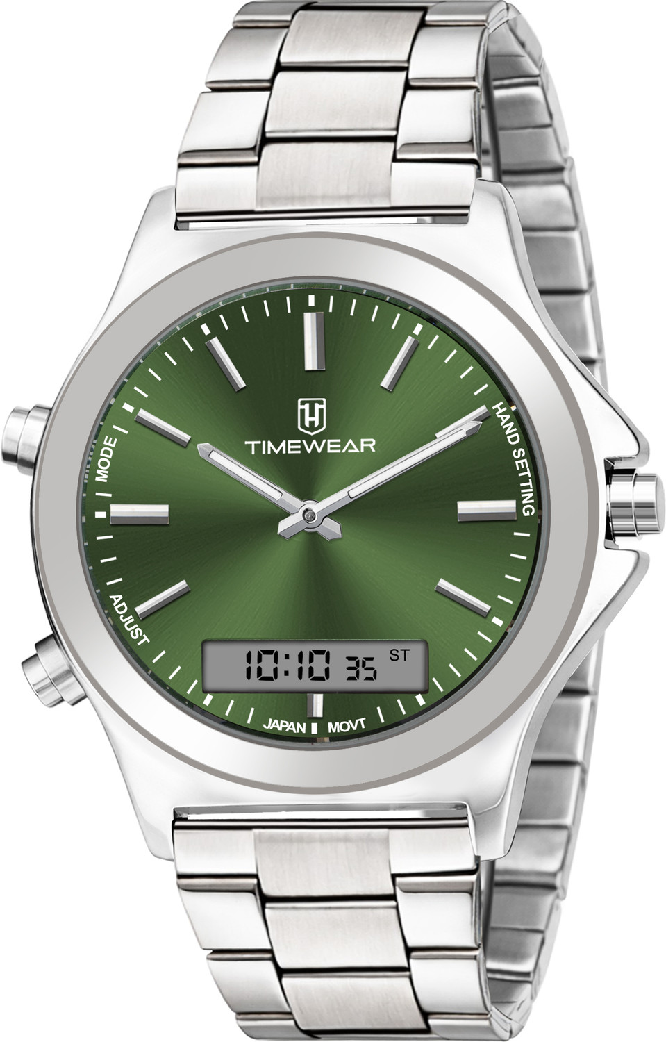 Image of TIMEWEAR 348GDTG TIMEWEAR Dualtime Green Dial Stainless Steel Chain Quartz Analog-Digital Watch - For Men