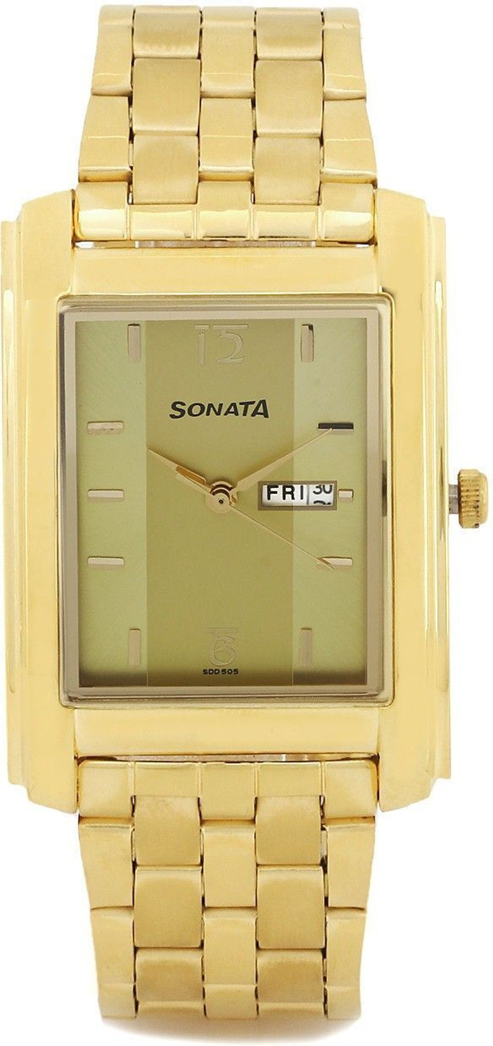 Image of SONATA NP7953YM04 Sonata With Day & Date Champagne Dial Gold Stainless Steel Strap Analog Watch - For Men
