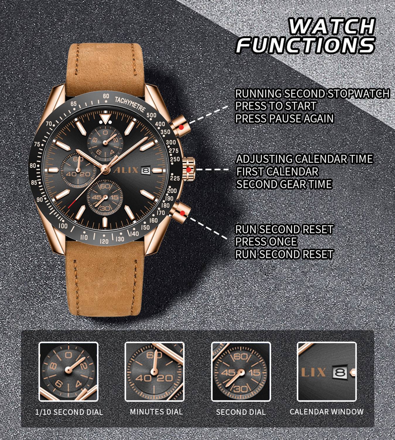 Alix AL3014 Sophisticated black dail with a brown leather strap