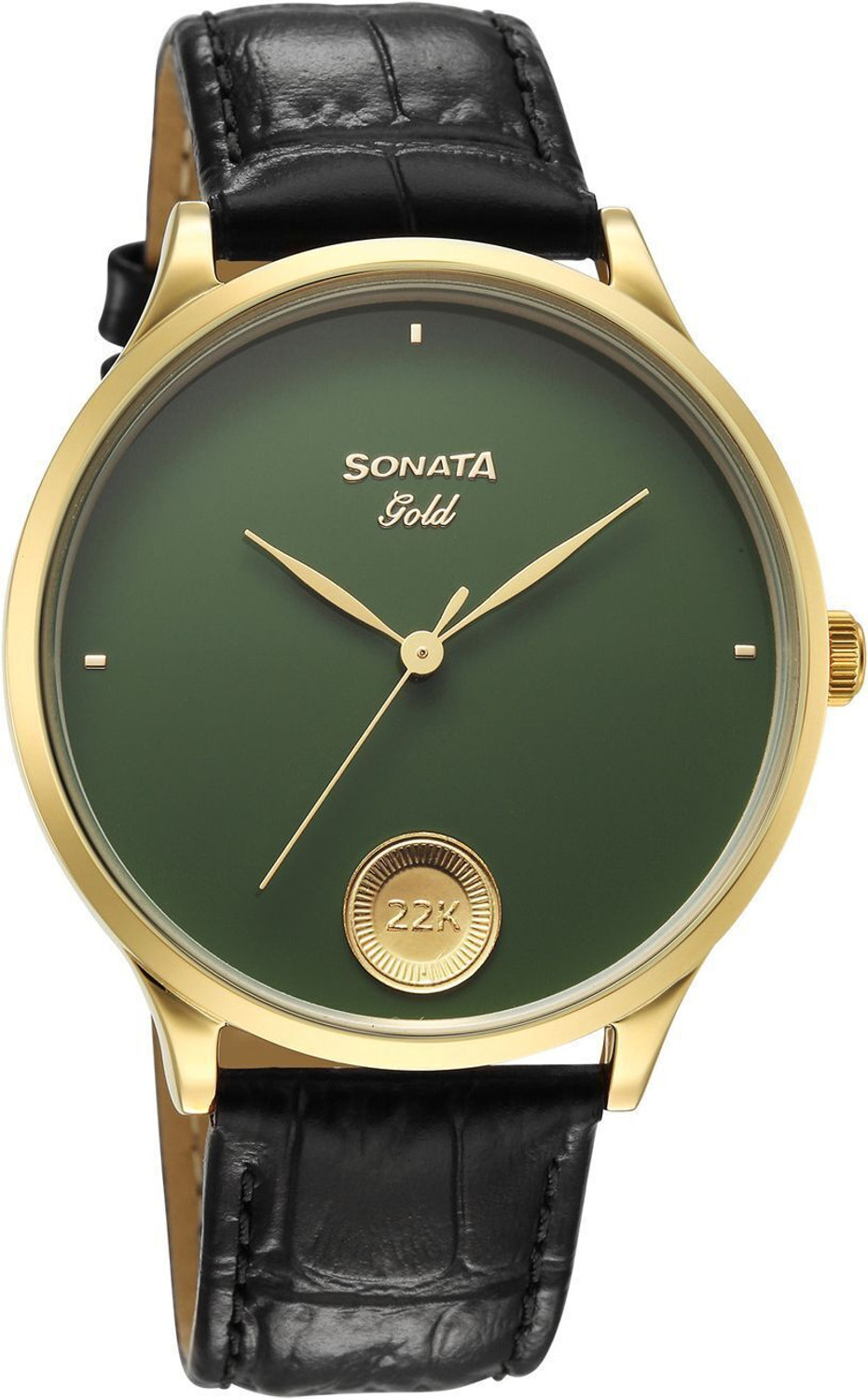 Image of SONATA Sonata - Gold AT 2026 Sonata Gold Sacred Forest GreenDial With 22 Karat Gold Coin on Dial Analog Watch - For Men