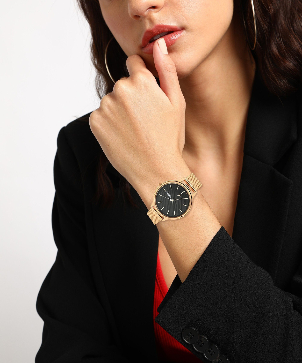 Image of Fastrack NP6207WM01 Fastrack Ruffles Black Dial Rose Gold Stainless Steel Strap Analog Watch - For Girls