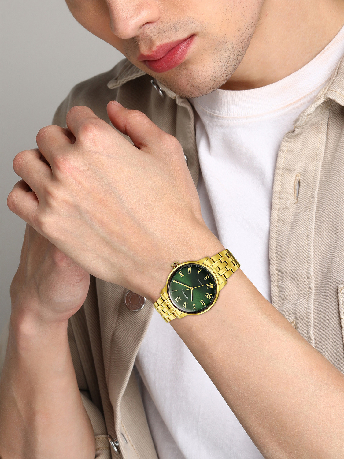 Image of Titan Aurelian Concealed Automatic Titan Aurelian Concealed Automatic Green Dial Roman Numerals SS Strap Analog Watch - For Men
