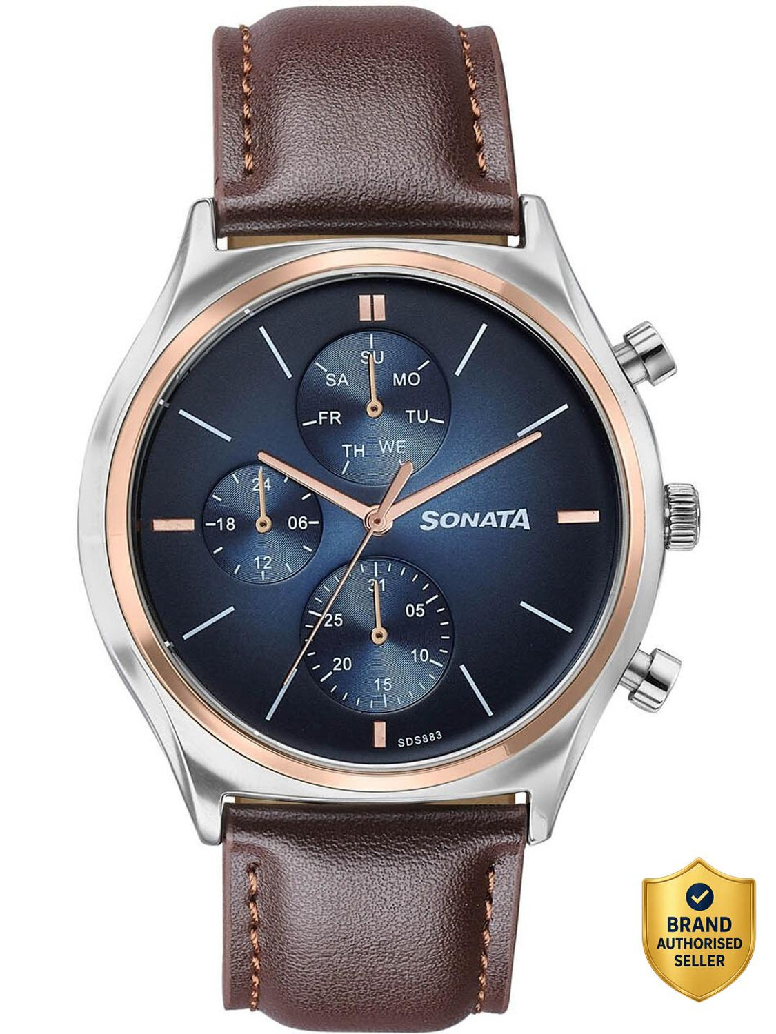 Image of SONATA Festive 2.0 Ph II Sonata Festive 2.0 Quartz Navy blue Dial Brown Leather Strap Analog Watch - For Men