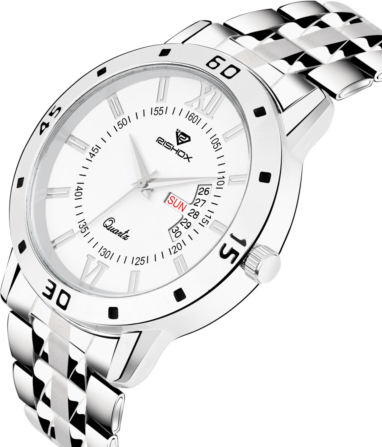 Image of Rishox Men White Day & Date Stainless Steel Classy look premium quality wrist Analog Watch - For Men RX-10010
