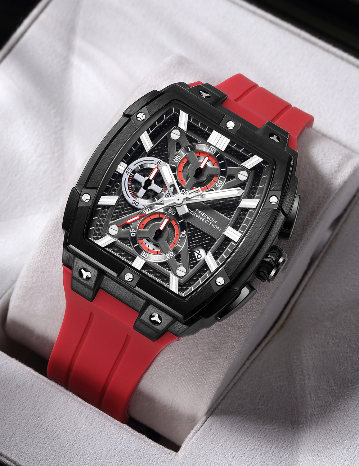 Image of French Connection FCM08R French Connection | Chronograph | Black Dial | Silicone Strap | FCM08R Analog Watch - For Men