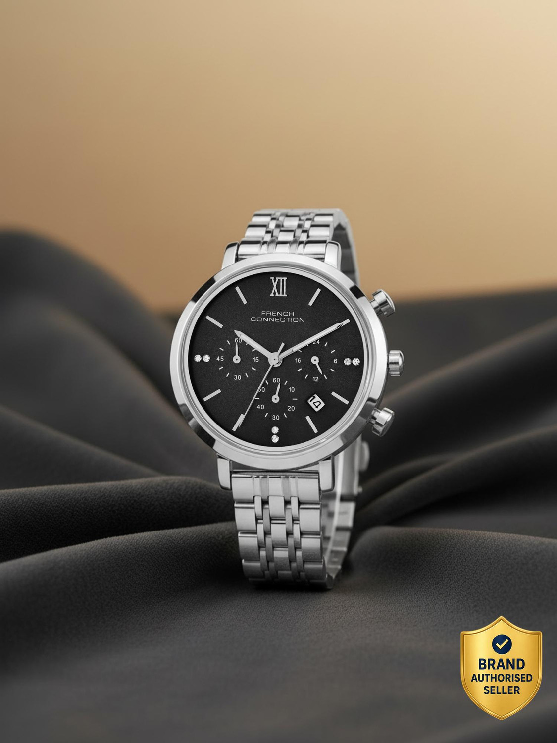 Image of French Connection Luxor LUXOR Dated Black Sunray Round Dial | Women's Silver Chronograph Watch Analog Watch - For Women