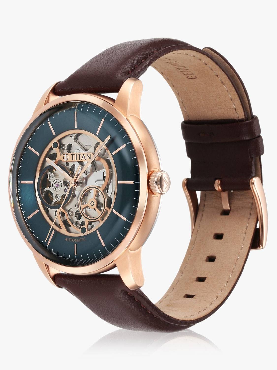 Titan Mechanical Automatic Teal Blue Dial Brown LeatherStrap Watch - Image 3