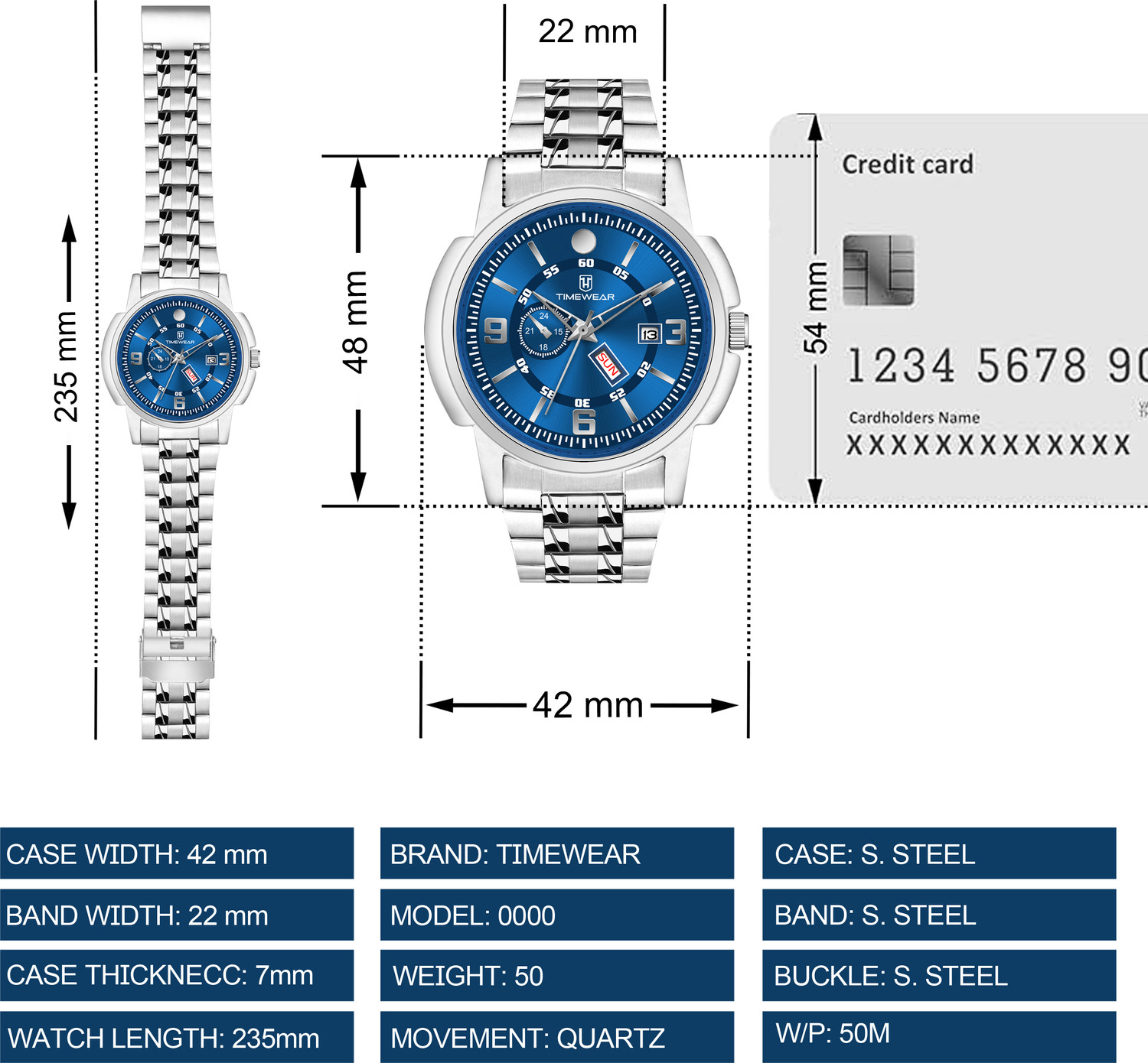 Image of TIMEWEAR 340BDTG Blue Dial Day Date Functioning Stainless Steel Chain Analog Watch - For Men