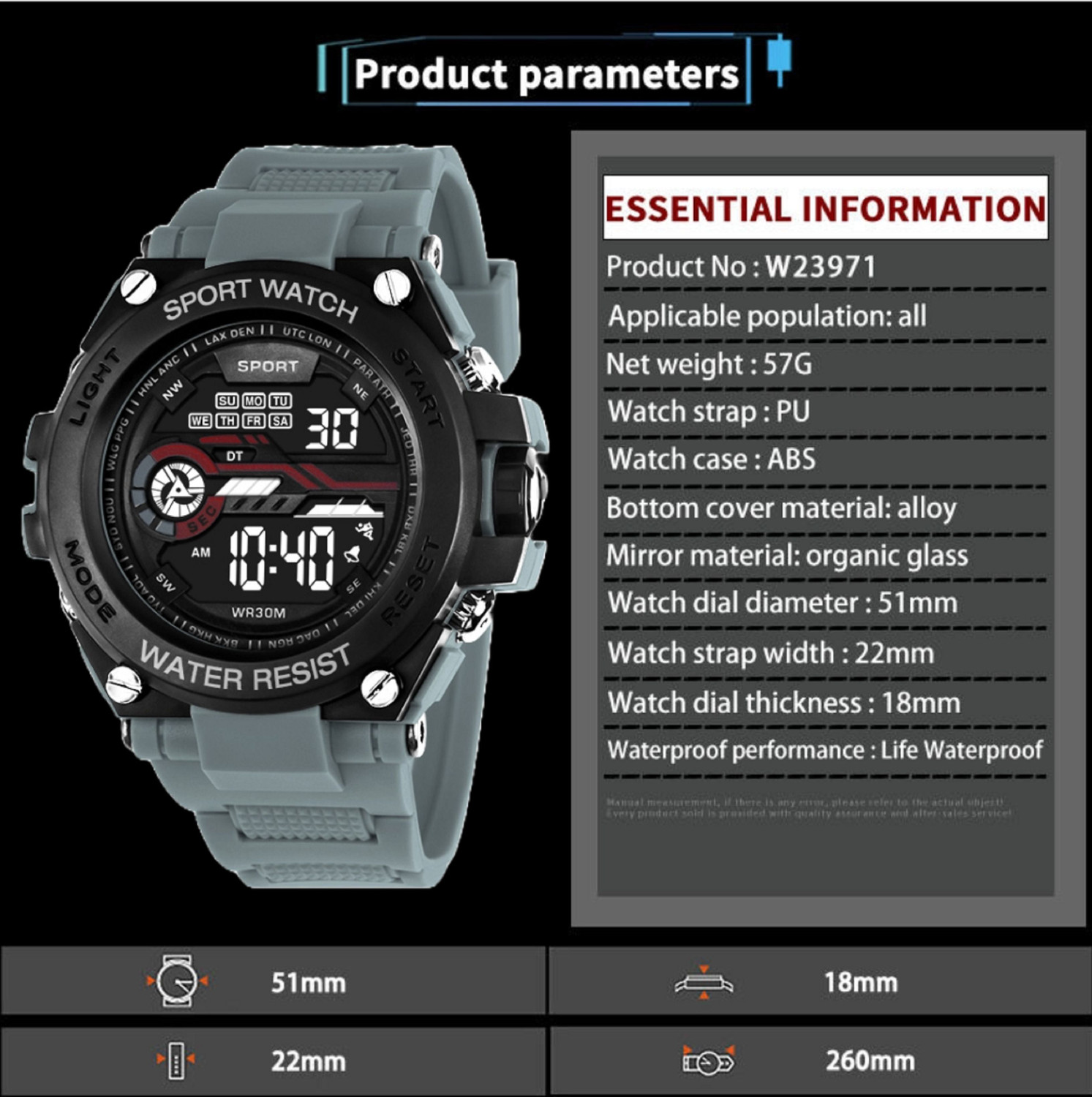 Image of HALA HL-1189 Men's Digital Sports Watch | Grey Strap | Multifunction Outdoor Wristwatch Digital Watch - For Men