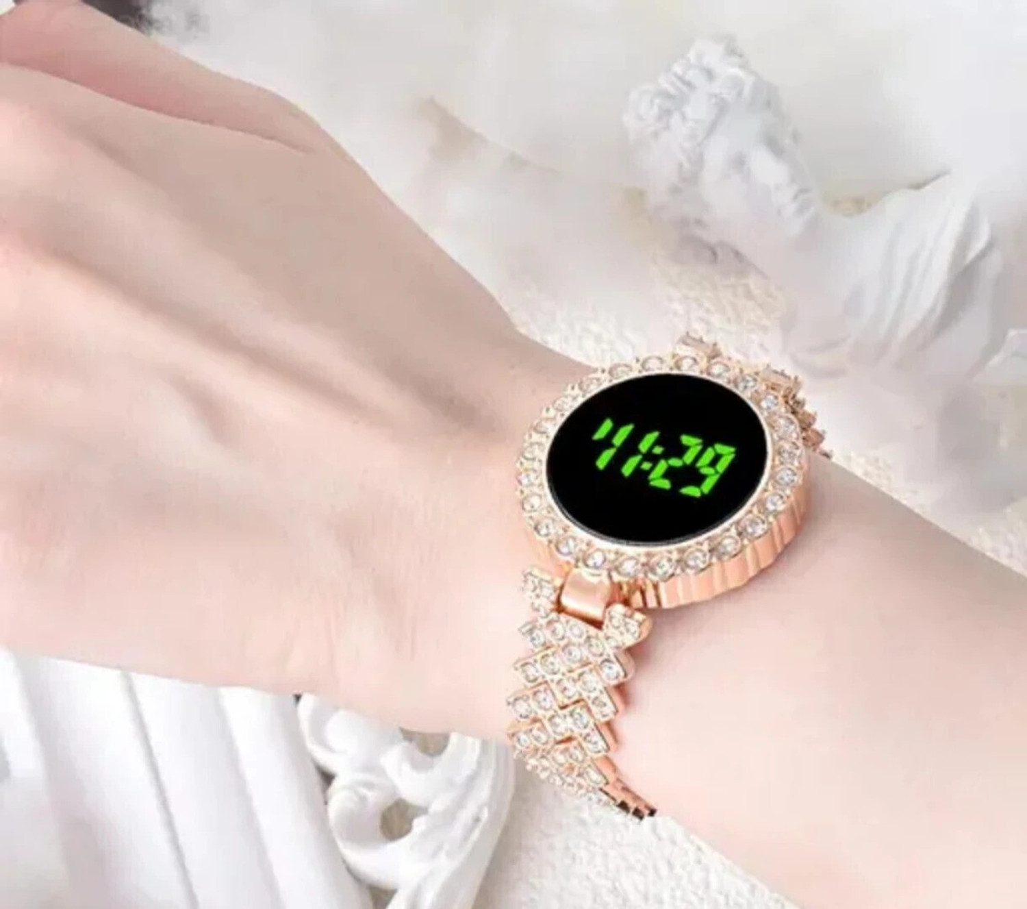 Image of RS TRADER CO LUXURY FASHION DIAMOND CRYSTAL DIAL STAINLESS STEEL ROSE GOLD CHAIN RSA LUXURY FASHION DIAMOND CRYSTAL DIAL STAINLESS STEEL ROSE GOLD CHAIN RSA Digital Watch - For Women