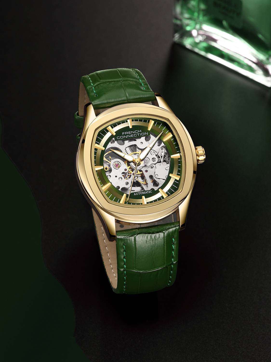 French Connection Green Skeleton Round Dial Watch - Image 5