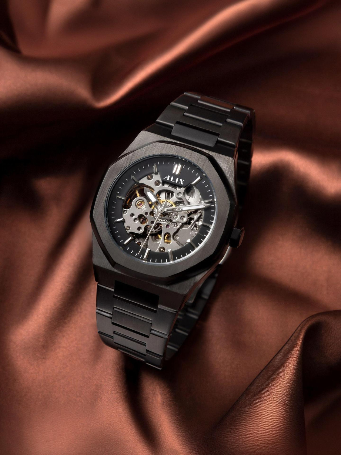 Alix AL2902 Black Mechanical Automatic Skeleton Self-Winding Water Resistant Analog Watch  - For Men