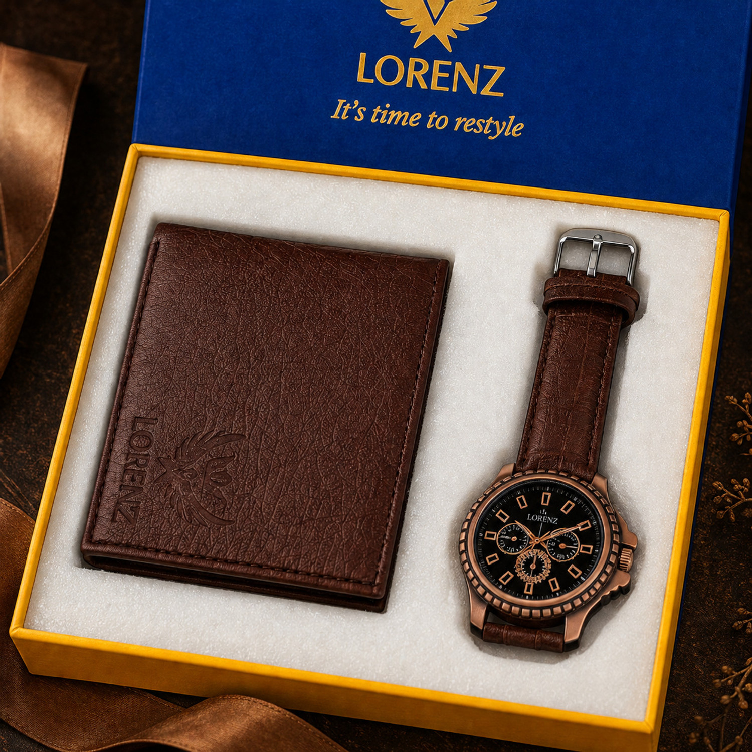Image of LORENZ CM-1054WL-BRN Combo Gift Set of Men's Wallet & Analog Watch - For Men