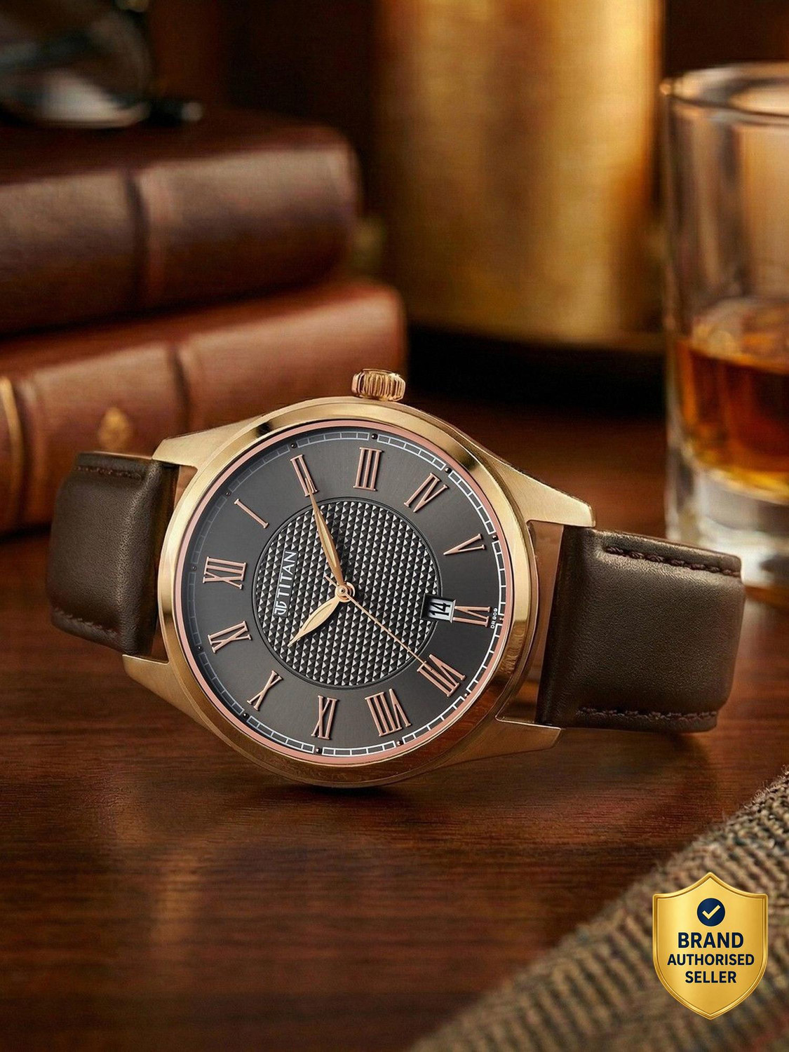 Image of Titan Neo Roman Titan Neo Roman Quartz with Anthracite Dial Brown Leather Strap Analog Watch - For Men