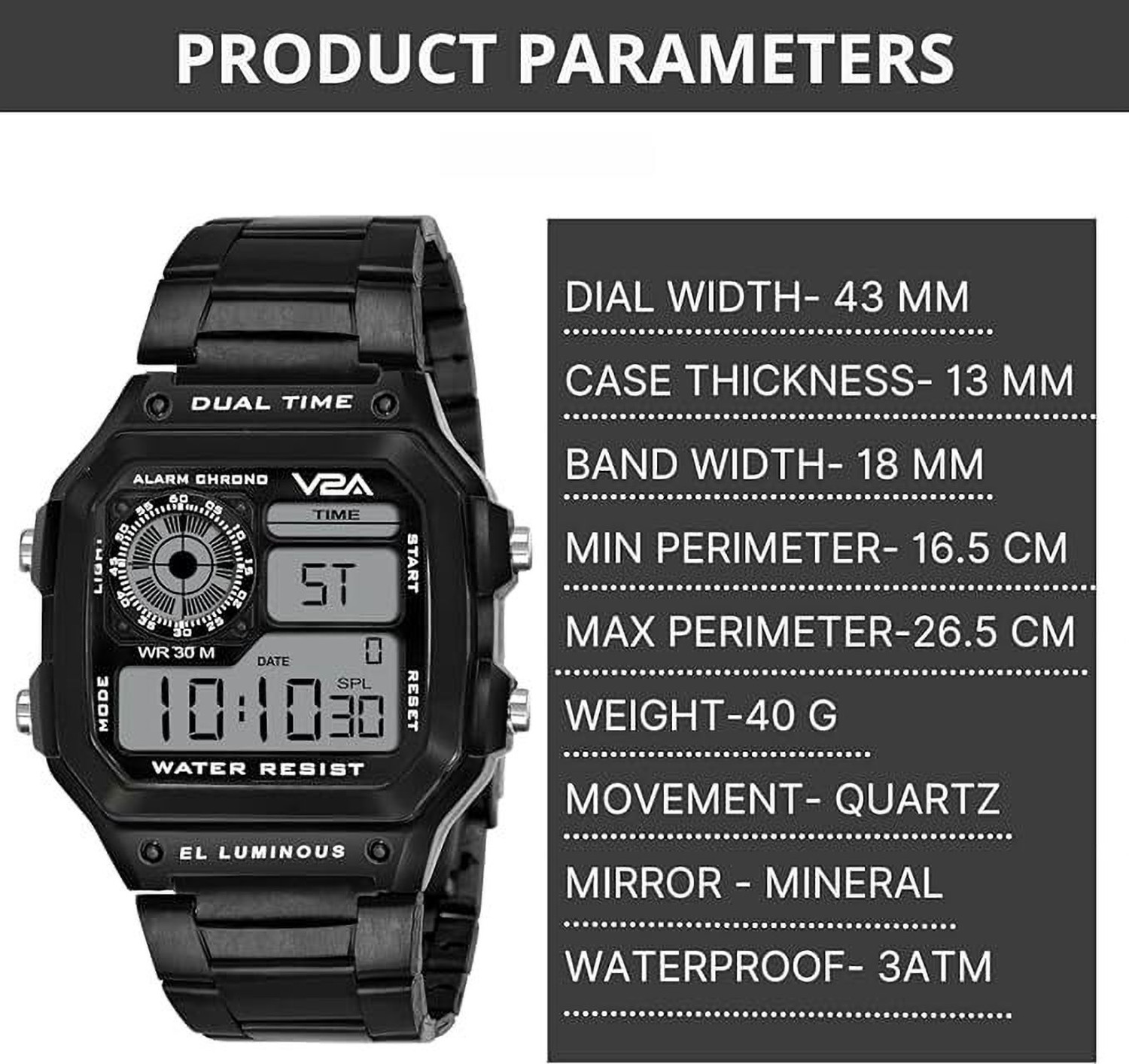 Image of V2A Stainless Steel Unisex Digital Sports Watch Multifunction Digital Watch - For Men
