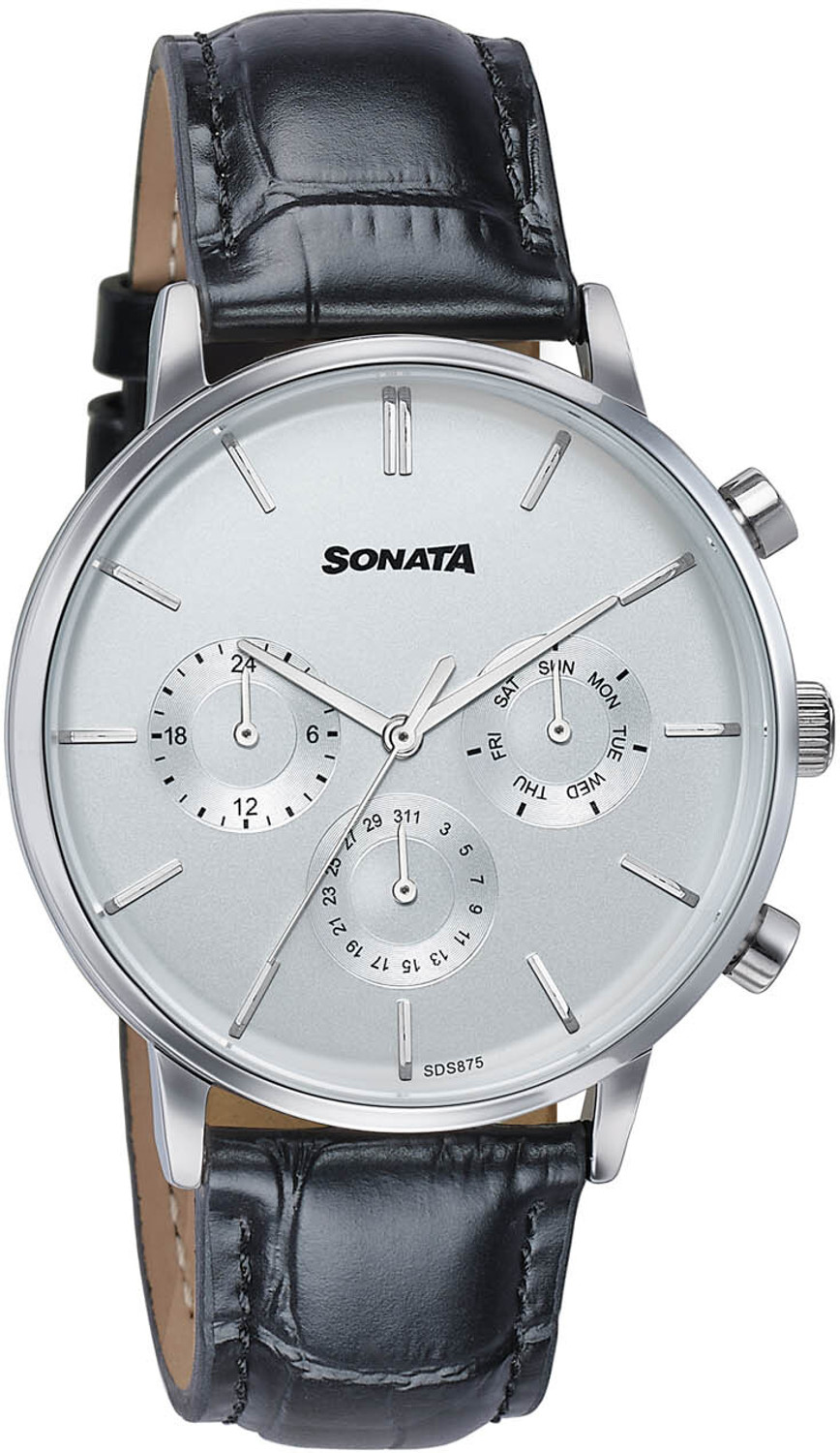 Image of SONATA Festive 2.0 Ph II Sonata Festive 2.0 Quartz White & black Dial Black Leather Strap Analog Watch - For Men