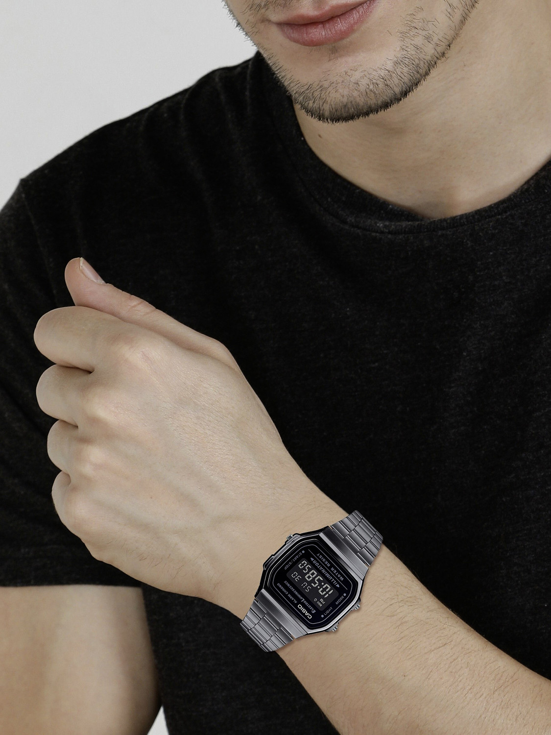 Image of CASIO A168WGG-1BDF Vintage Black Dial Black Stainless Steel Band Digital Watch - For Men & Women