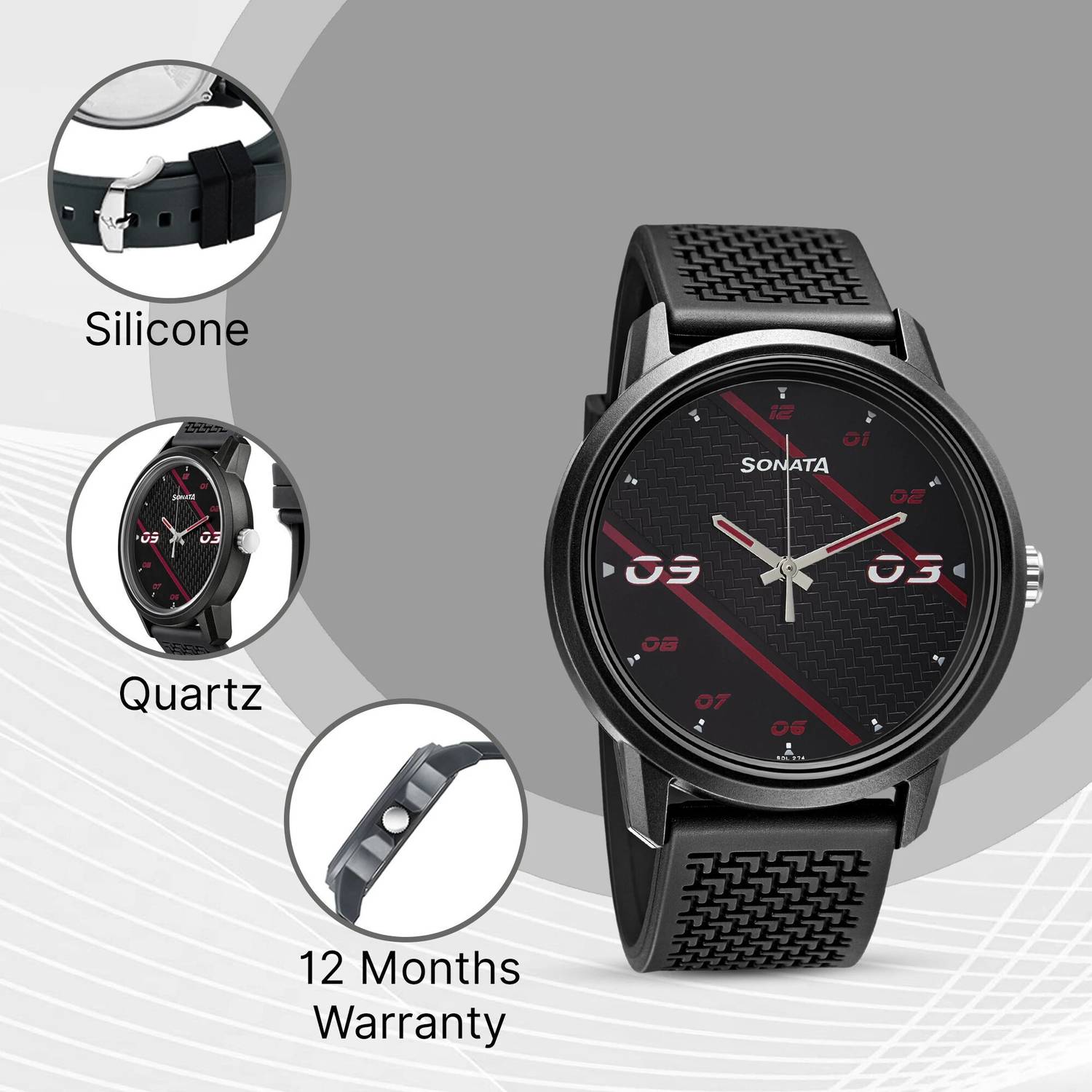 Sonata Volt Black Dial Black Polyurethane Strap Analog Watch - Image 3